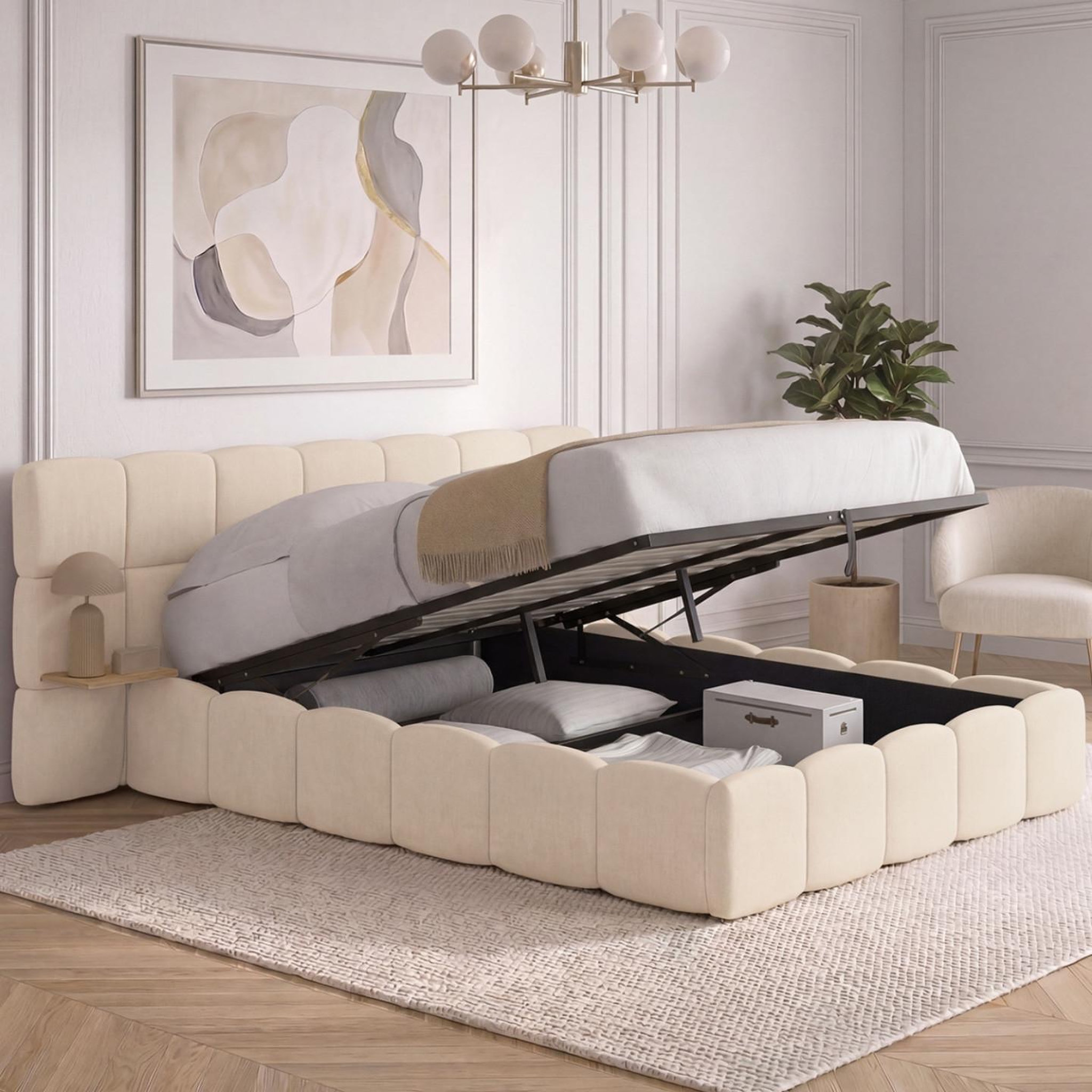 Voir la diapositive 4 : ID MARKET Lit coffre double nuage avec tête de lit matelassée + tables de chevet intégrées et sommier 140 x 190 cm velours beige