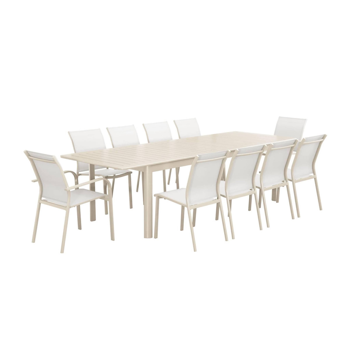 SWEEEK Table de jardin extensible aluminium + 10 assises aluminium et textilène beige. 8 chaises. 2 fauteuils. 10 places. 290 x 100 x 75 cm