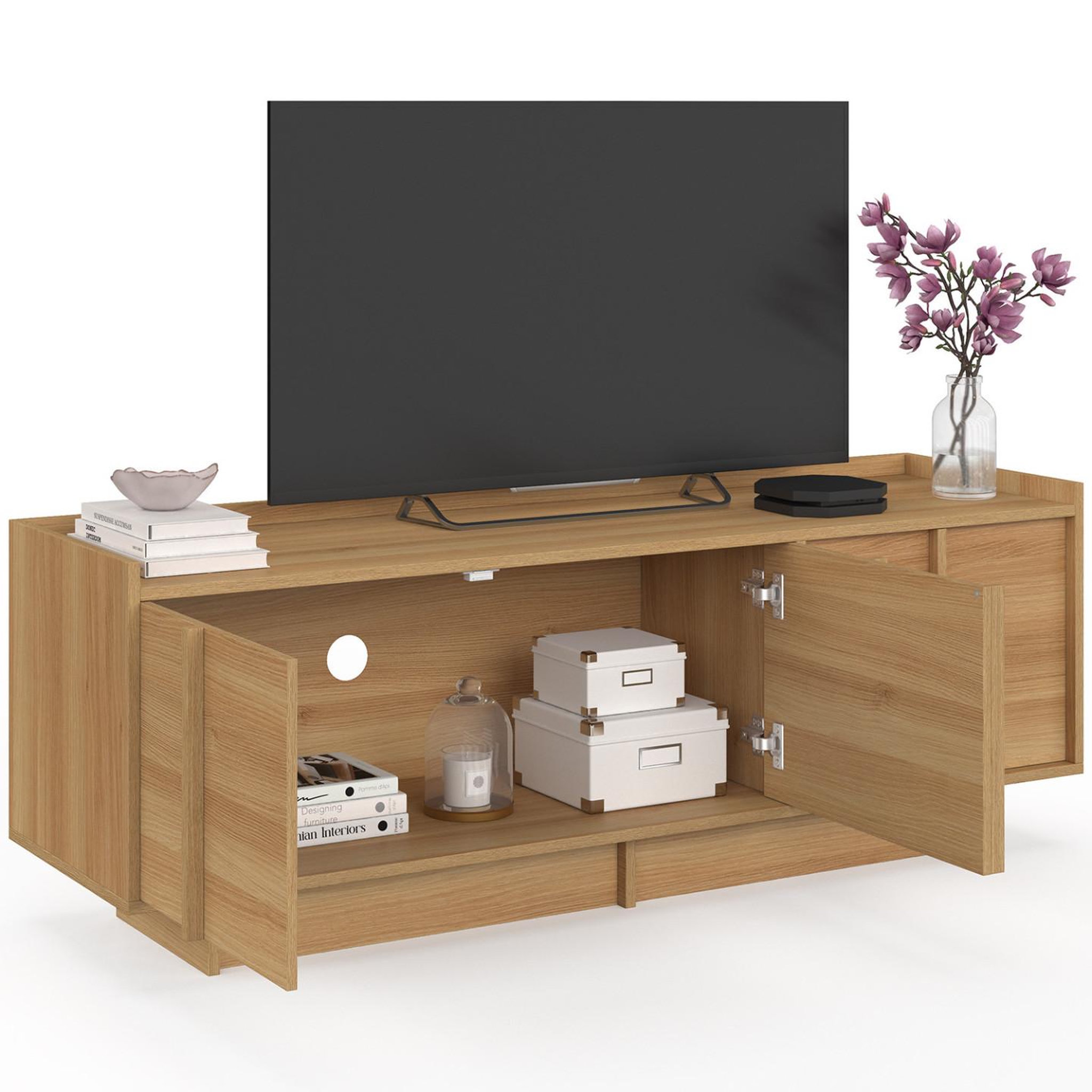 Voir la diapositive 4 : ID MARKET Meuble tv 140 cm rosie 3 portes façon hêtre design minimaliste