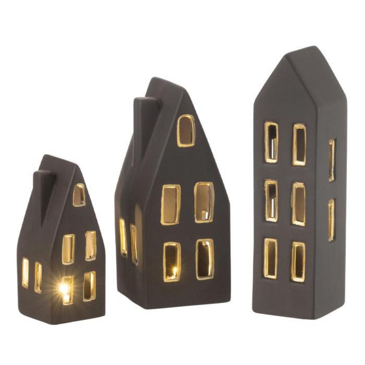 Paris Prix Lot de 3 Maisons à LED  Porcelaine  20cm Noir