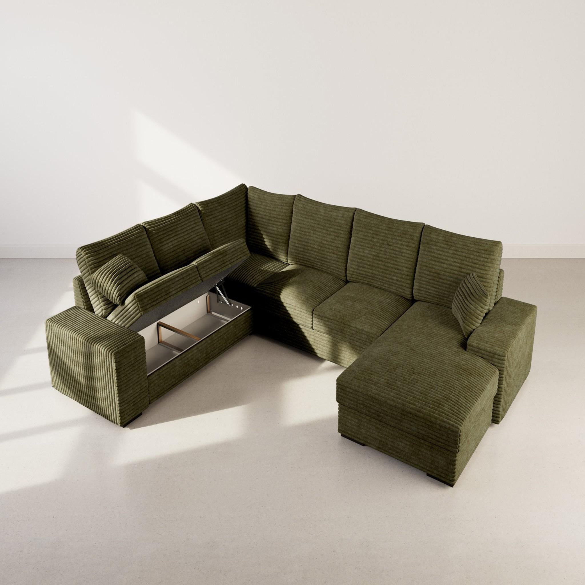 Voir la diapositive 3 : BEST MOBILIER Lorie - canapé panoramique d'angle gauche 7 places convertible en velours côtelé grosse côte avec coffre