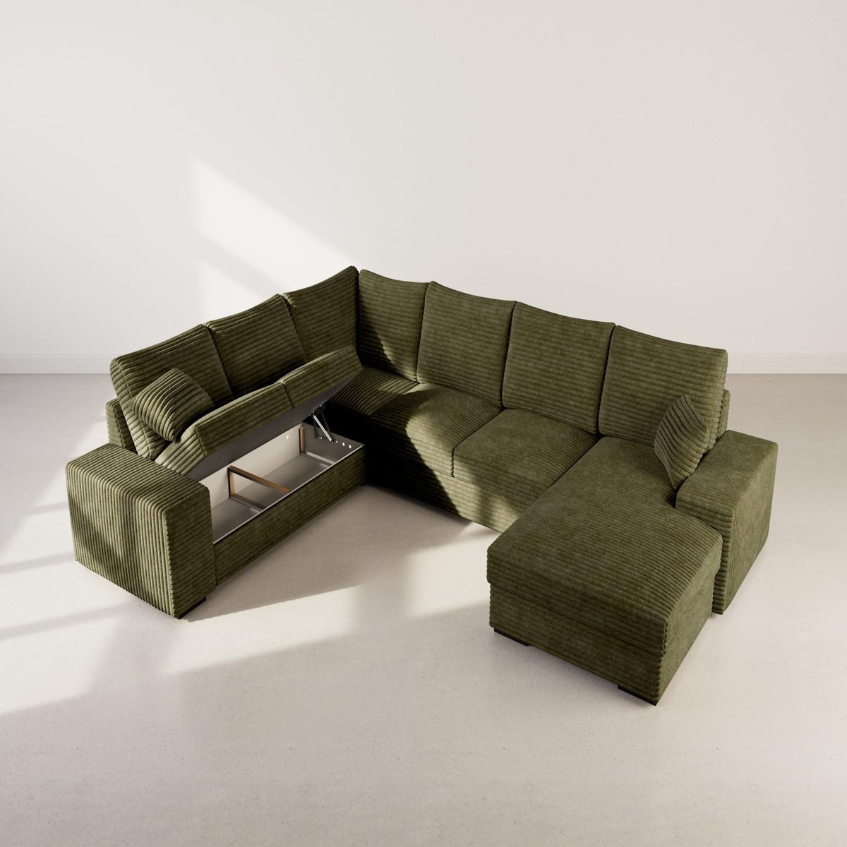 BEST MOBILIER Lorie - canapé panoramique d'angle gauche 7 places convertible en velours côtelé grosse côte avec coffre