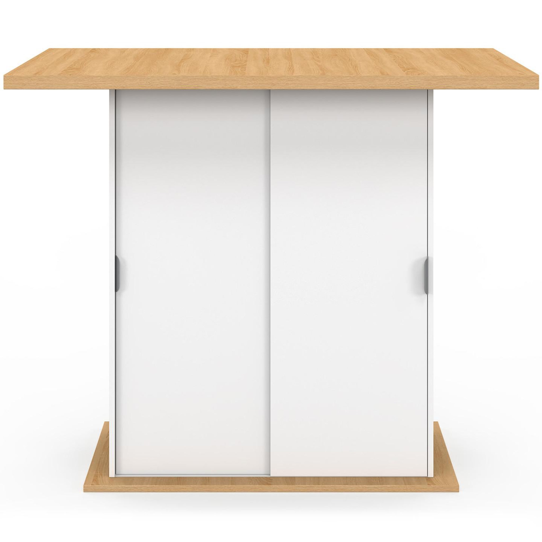 Voir la diapositive 3 : ID MARKET Ilot central 4 personnes paxton 110 cm pied central avec rangement bois blanc avec plan de travail façon hêtre