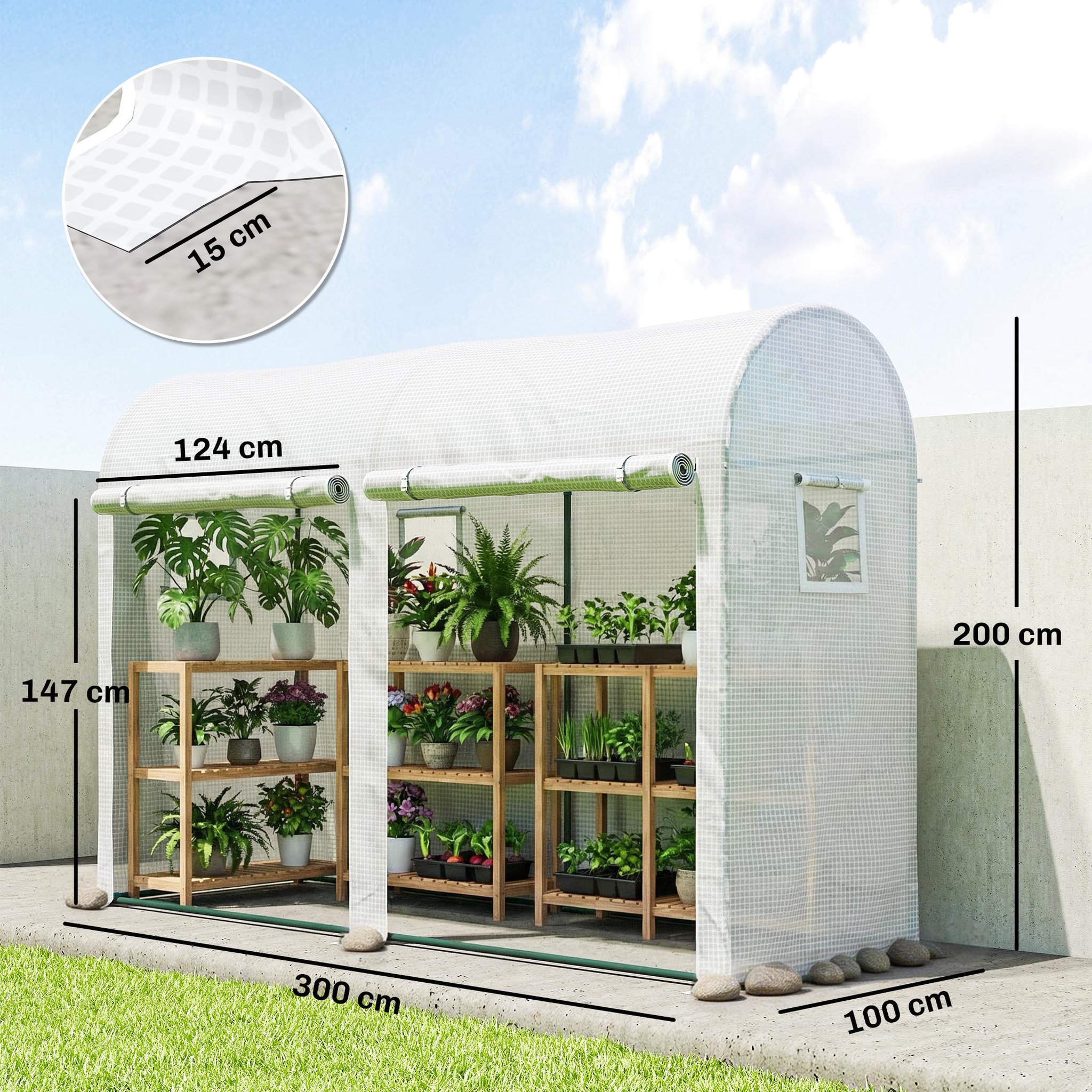 Voir la diapositive 3 : OUTSUNNY Serre de jardin serre à tomates dim. 3 x 1 x 2 m 2 portes 4 fenêtres acier pe haute densité blanc