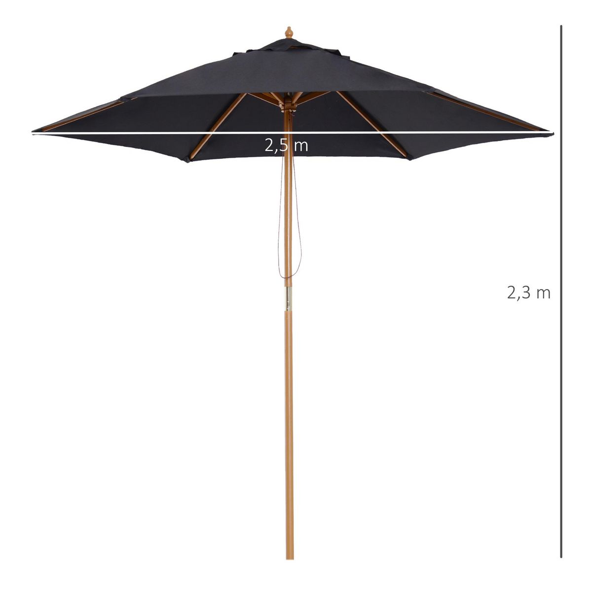 OUTSUNNY Parasol droit hexagonal grande taille de jardin Ø 2,5 x 2,3H m bois de bambou noir