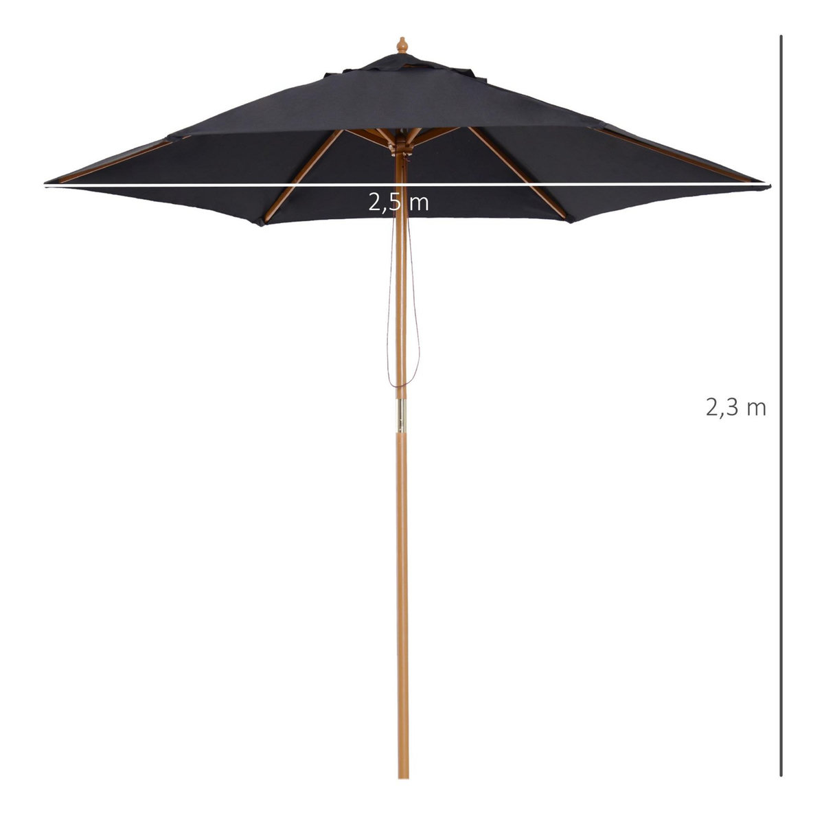 OUTSUNNY Parasol droit hexagonal grande taille de jardin Ø 2,5 x 2,3H m bois de bambou noir