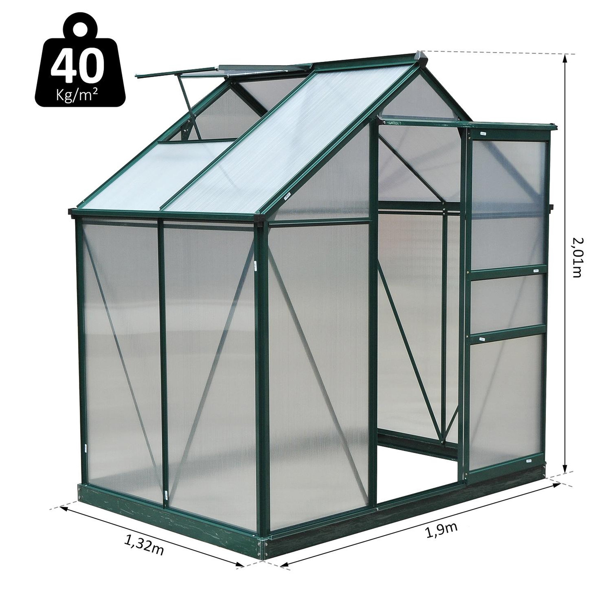 Voir la diapositive 3 : OUTSUNNY Serre de jardin aluminium polycarbonate 2,51 m² dim. 1,9l x 1,32l x 2,01h m lucarne, porte coulissante + fondation incluse alu. Vert polycarbonate transparent