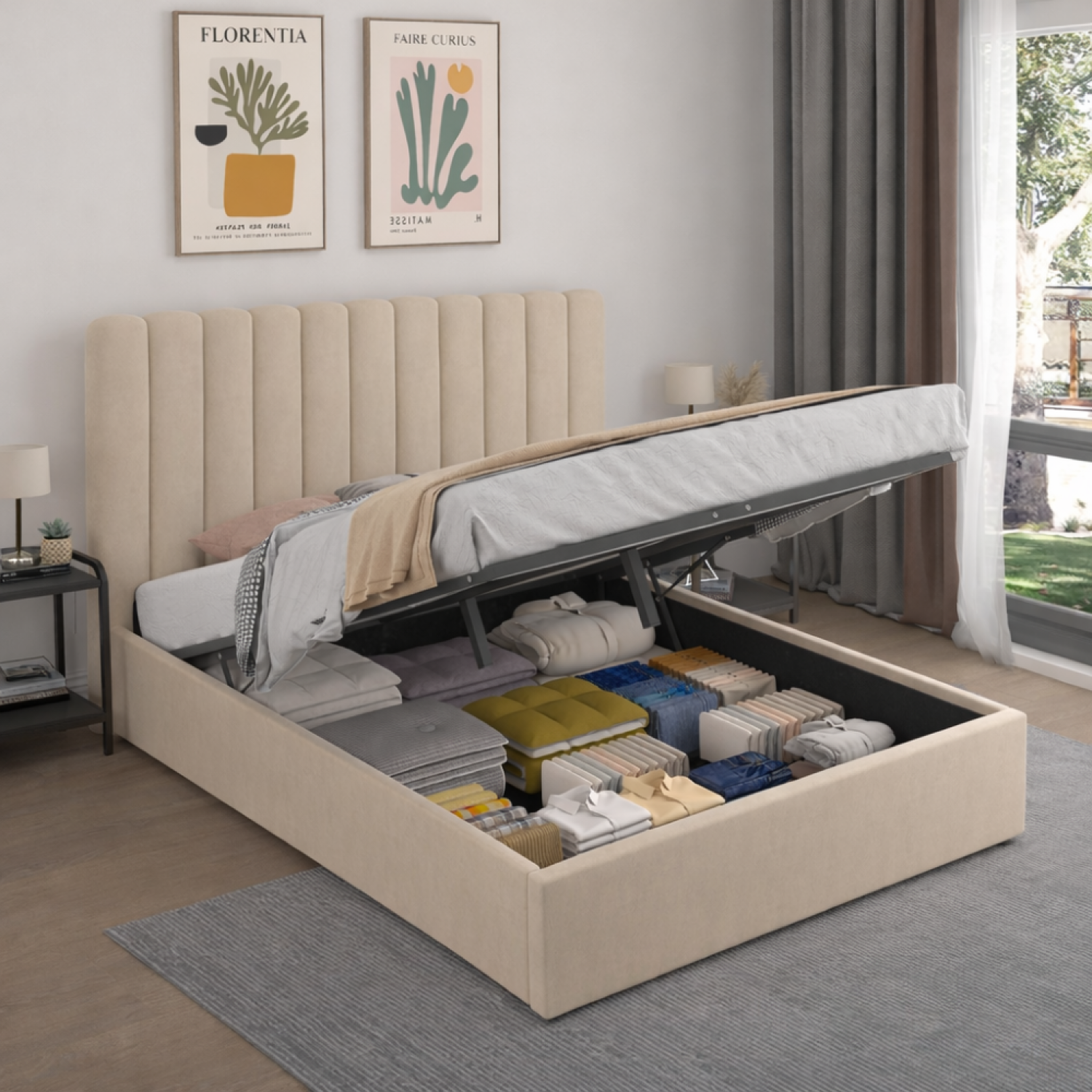 Voir la diapositive 5 : CONCEPT USINE Lit avec coffre de rangement 140x190cm velours beige savannah