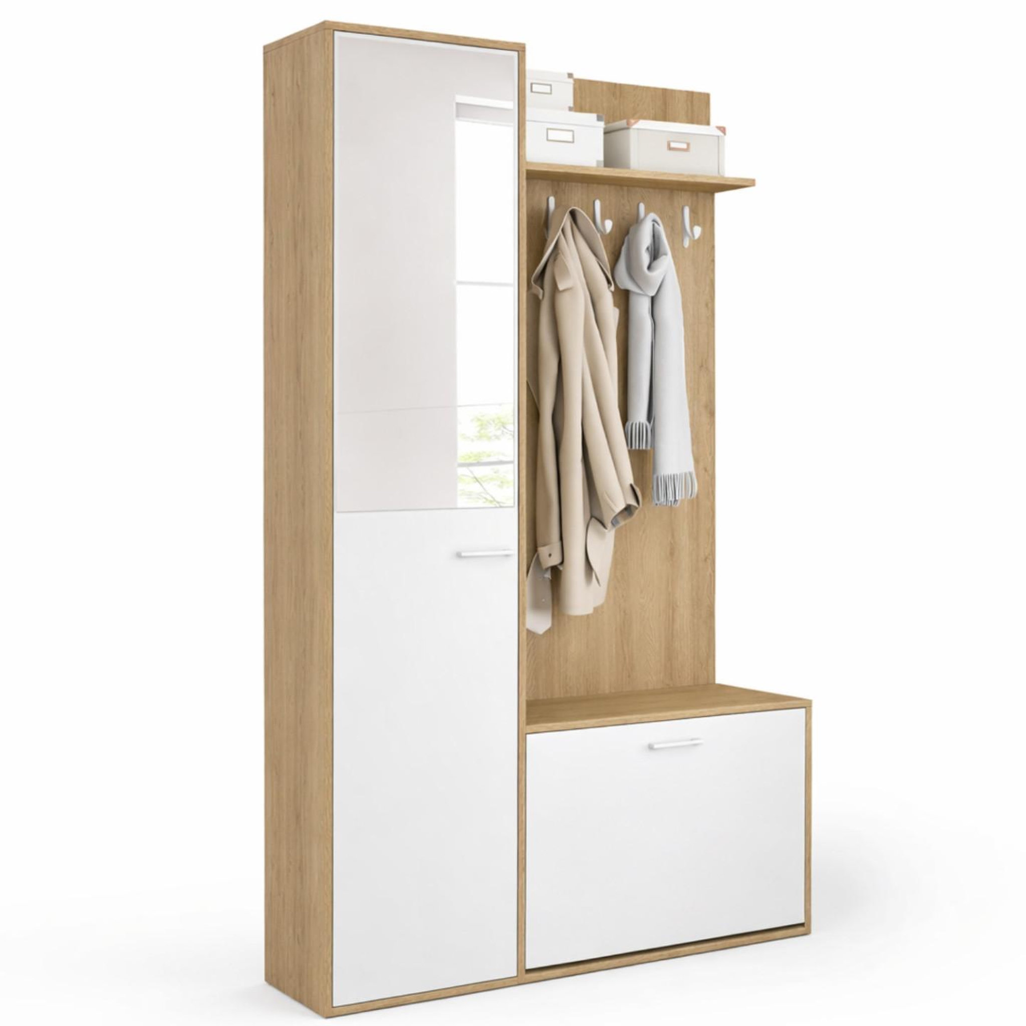 ID MARKET Vestiaire d'entrée rangement chaussures avec miroir et étagères mahaut 1 porte effet bois et blanc