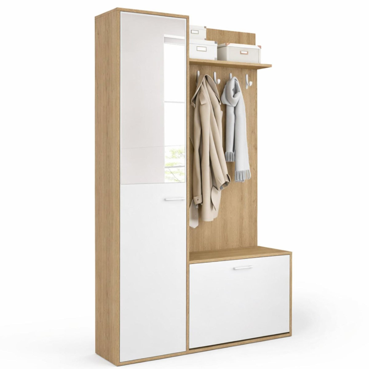 ID MARKET Vestiaire d'entrée rangement chaussures avec miroir et étagères MAHAUT 1 porte effet bois et blanc