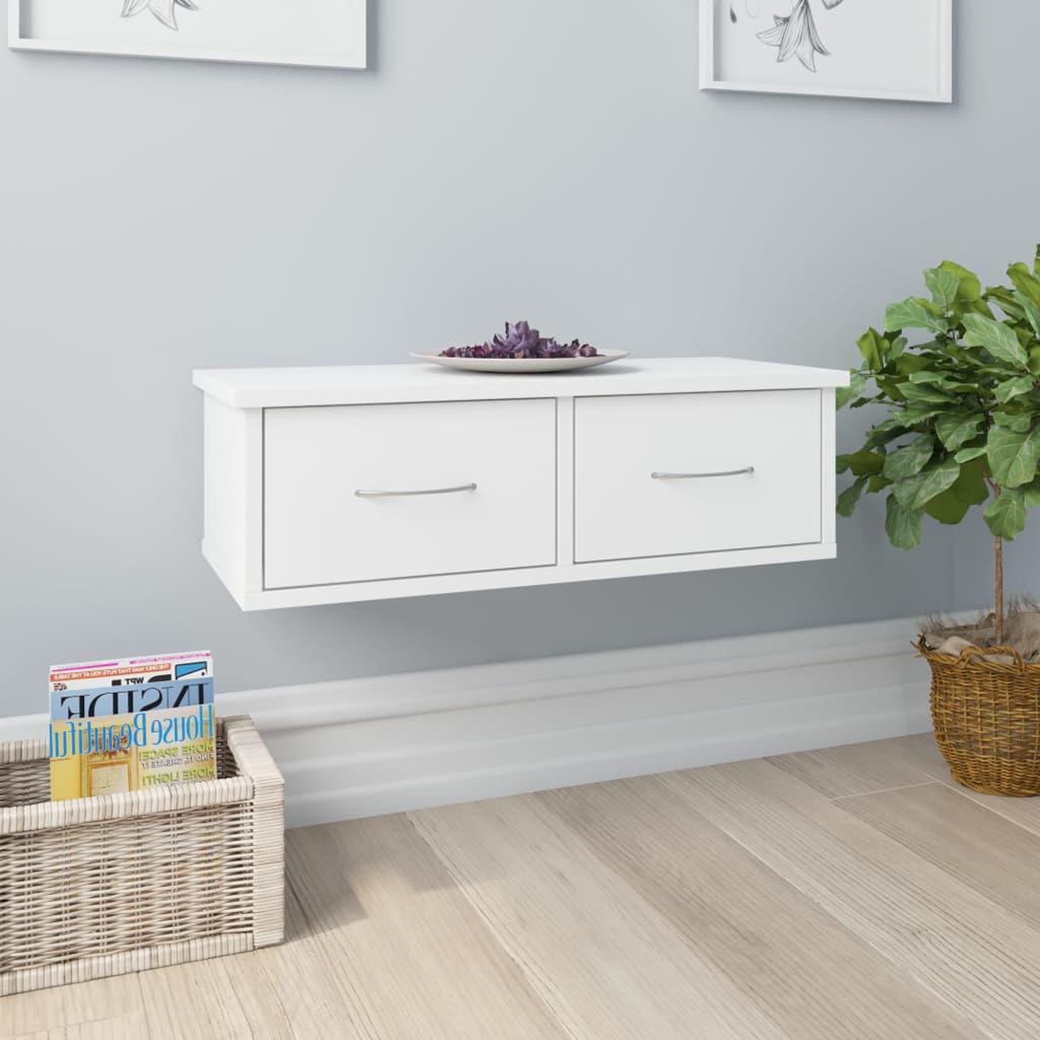 Voir la diapositive 1 : VIDAXL Etagere murale et tiroirs Blanc 60x26x18,5 cm Bois d'ingenierie