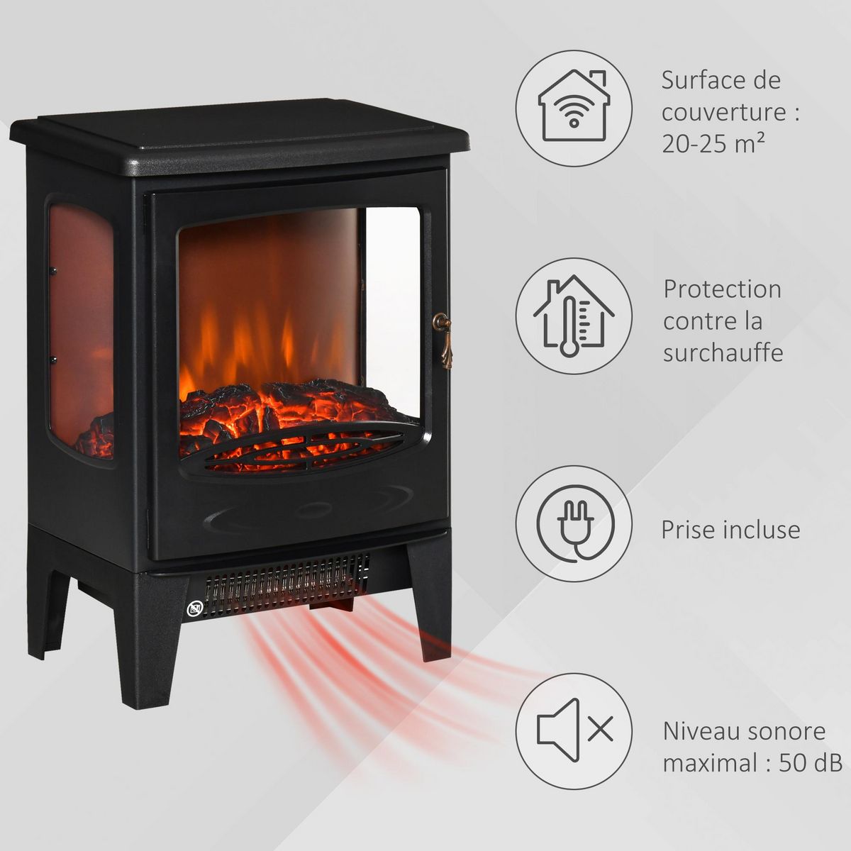 HOMCOM Cheminée électrique poêle style néo-rétro 1000-2000 W simulation flammes LED luminosité réglable acier ABS noir