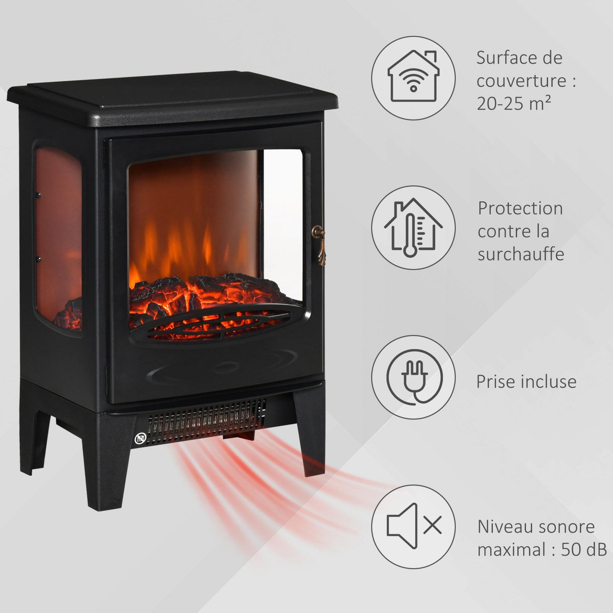 HOMCOM Cheminée électrique poêle style néo-rétro 1000-2000 W simulation flammes LED luminosité réglable acier ABS noir