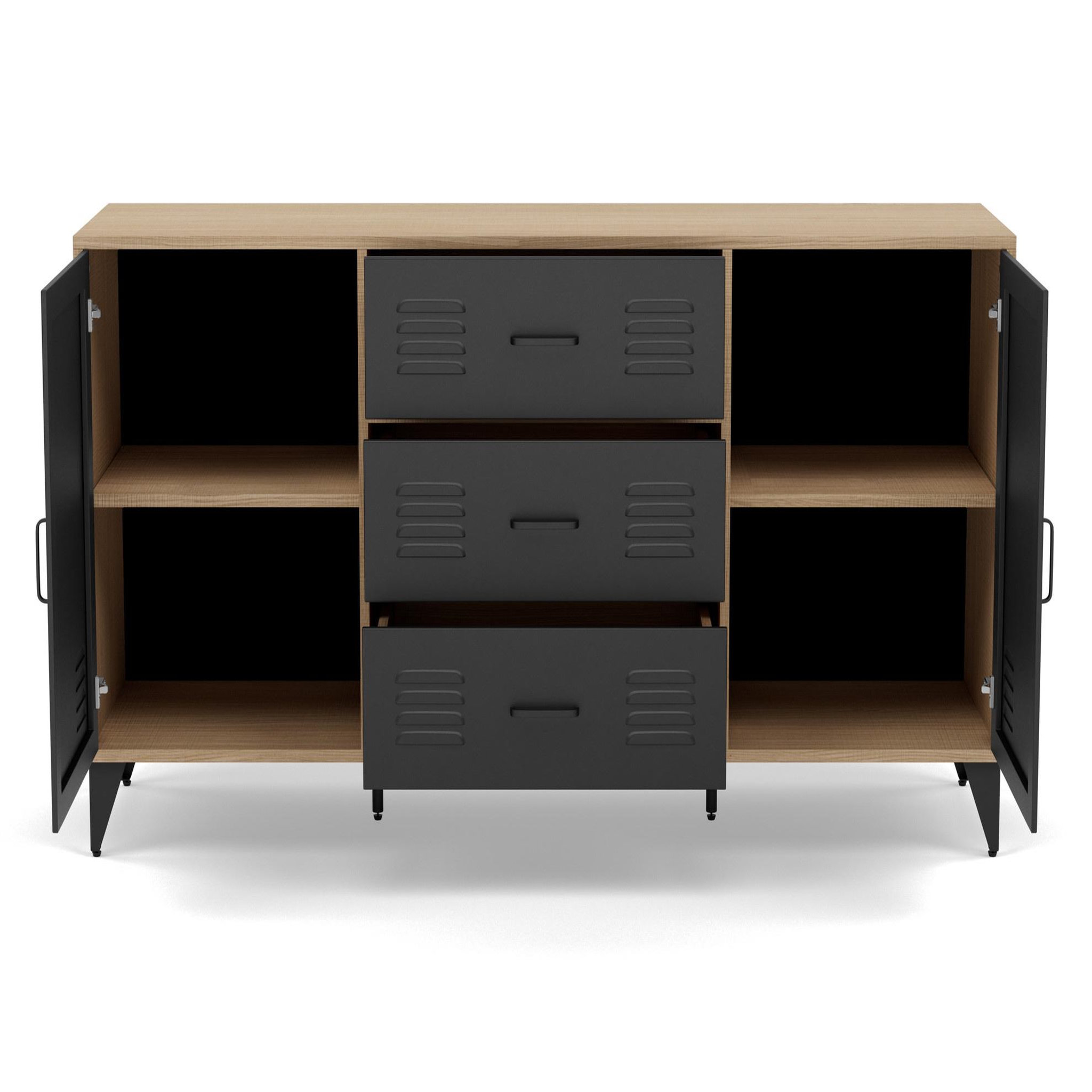 Voir la diapositive 5 : BEST MOBILIER Tribeca - buffet bas - effet bois et métal noir - 3 tiroirs et 2 portes - 140 cm