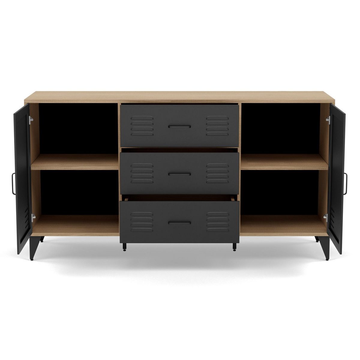 BEST MOBILIER Tribeca - buffet bas - effet bois et métal noir - 3 tiroirs et 2 portes - 140 cm