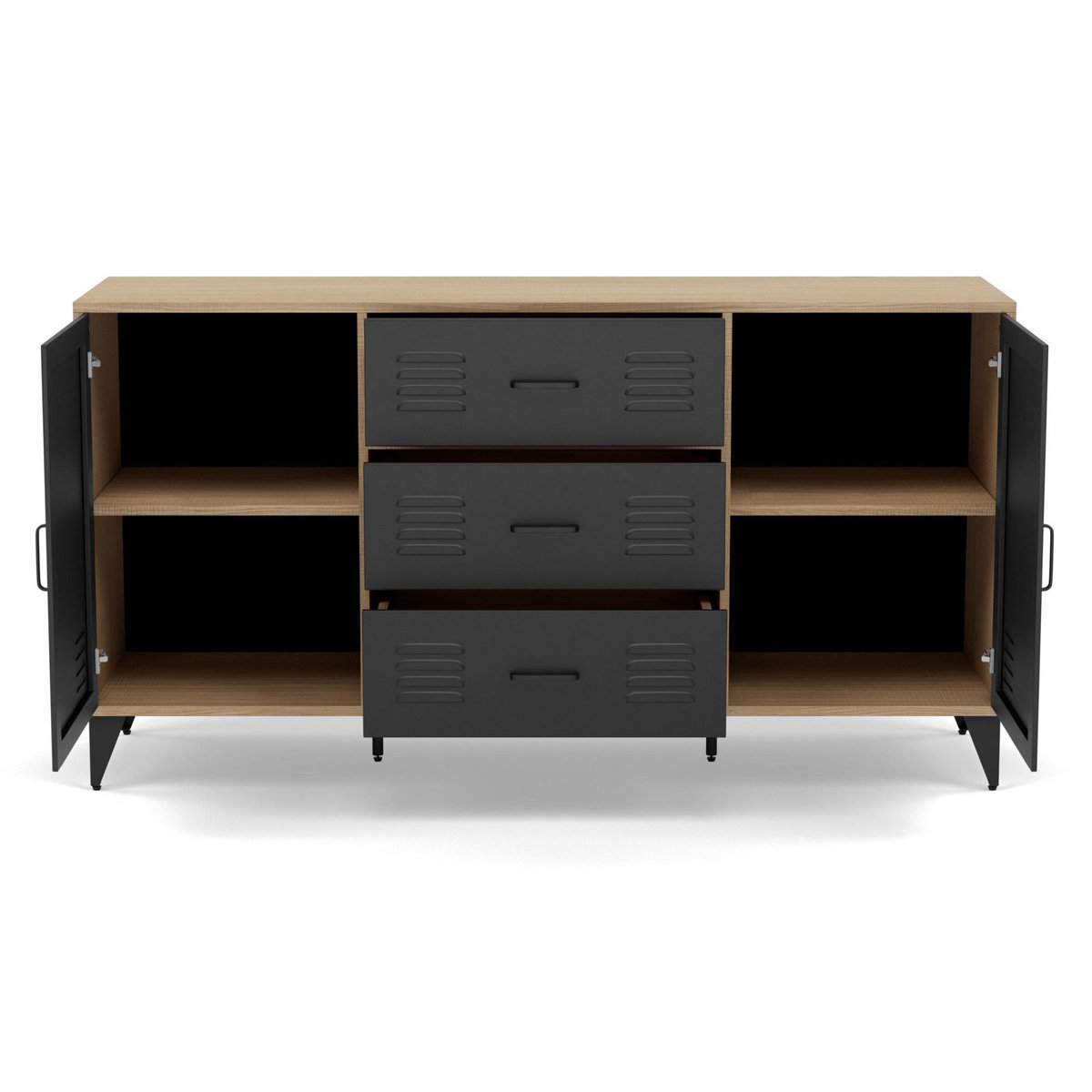 BEST MOBILIER Tribeca - buffet bas - effet bois et métal noir - 3 tiroirs et 2 portes - 140 cm