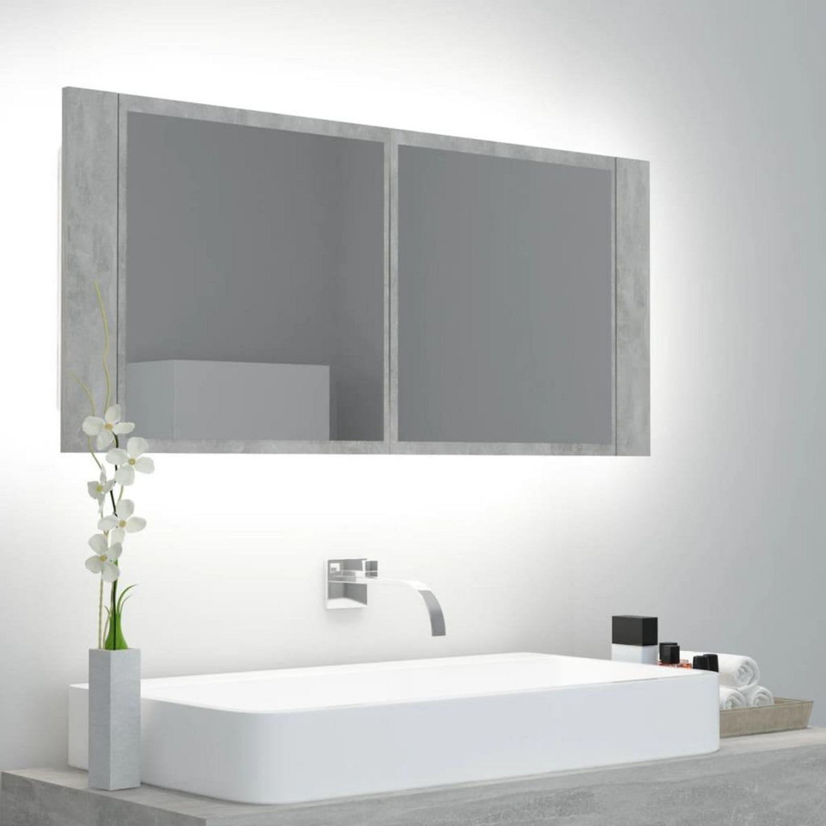 VIDAXL Armoire de salle de bain a miroir LED Gris beton Acrylique