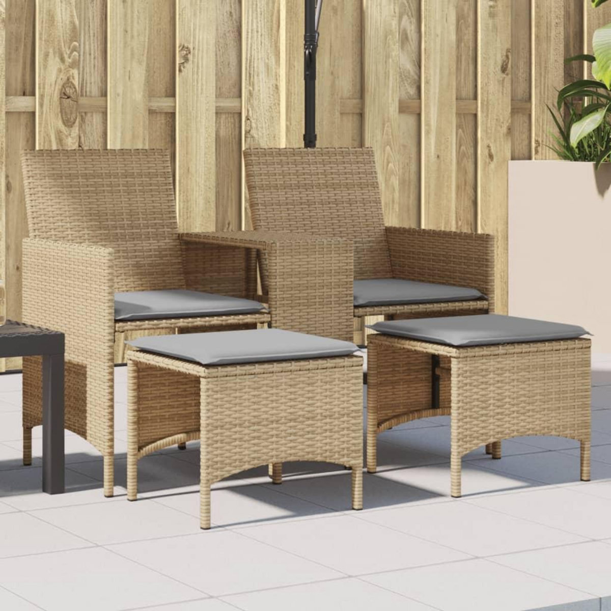 VIDAXL Canape de jardin 2 places avec table et tabourets beige rotin