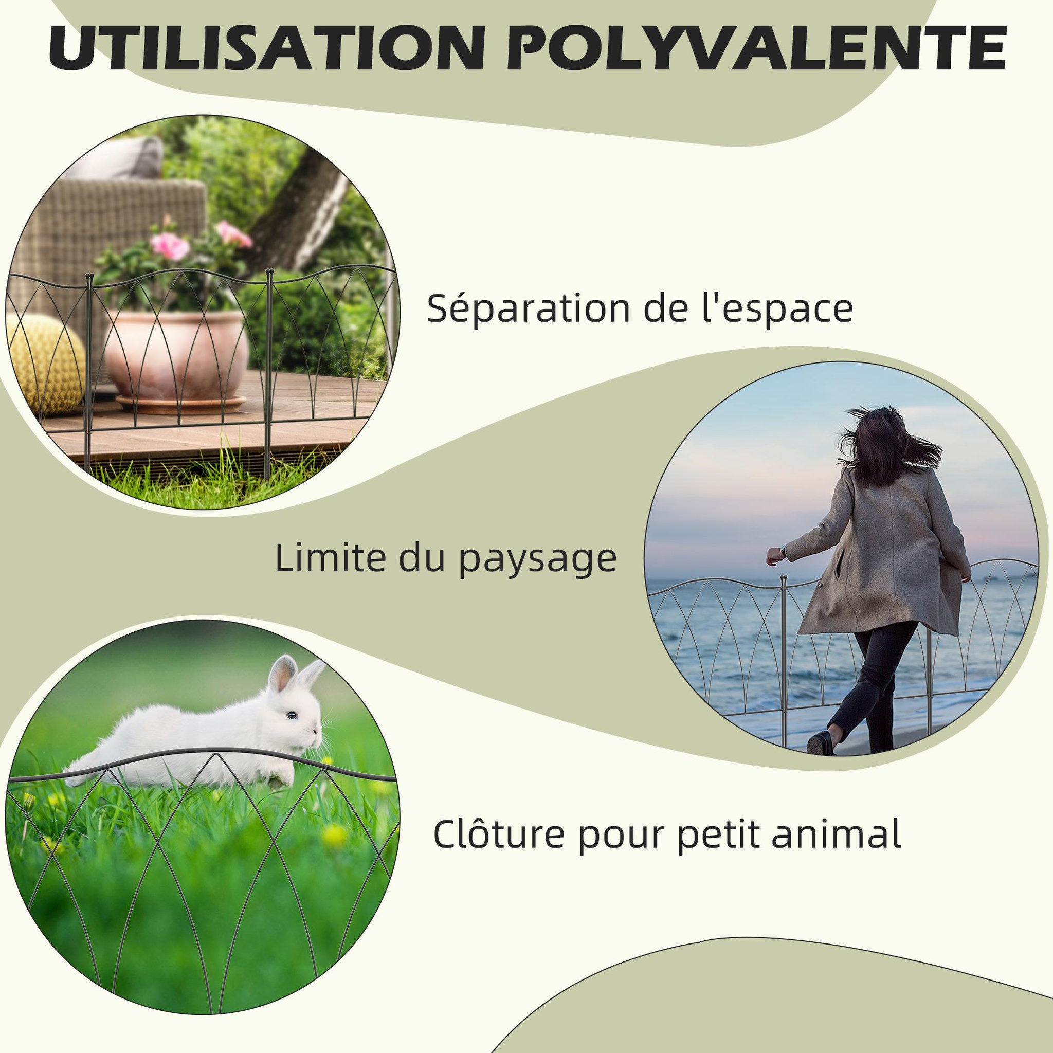 Voir la diapositive 6 : OUTSUNNY Lot de 5 clôtures de jardin décoratives en métal avec ornements - dim. totales 305L x 62H cm - noir