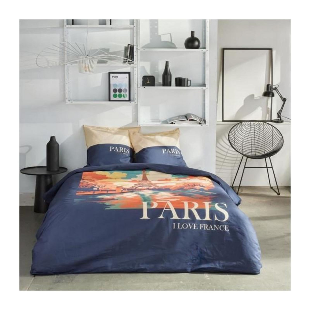 Today Parure de lit - TODAY - JAVA - 2 personnes - 240x220 cm - Coton - Imprimé Paris - Bleu