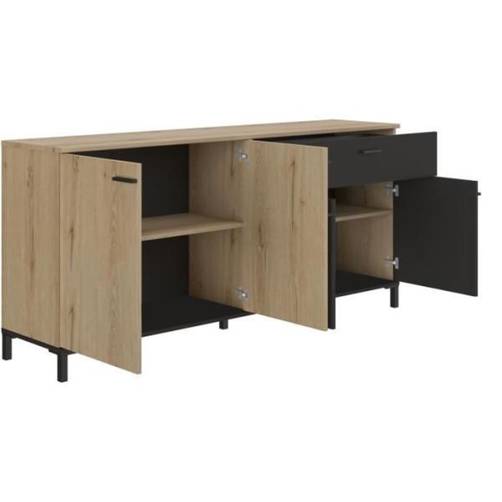 Voir la diapositive 5 : GAMI Buffet L180 x P40 x H81 cm - TRUST - Chene / Noir - 4 portes - 1 tiroir - GAMI