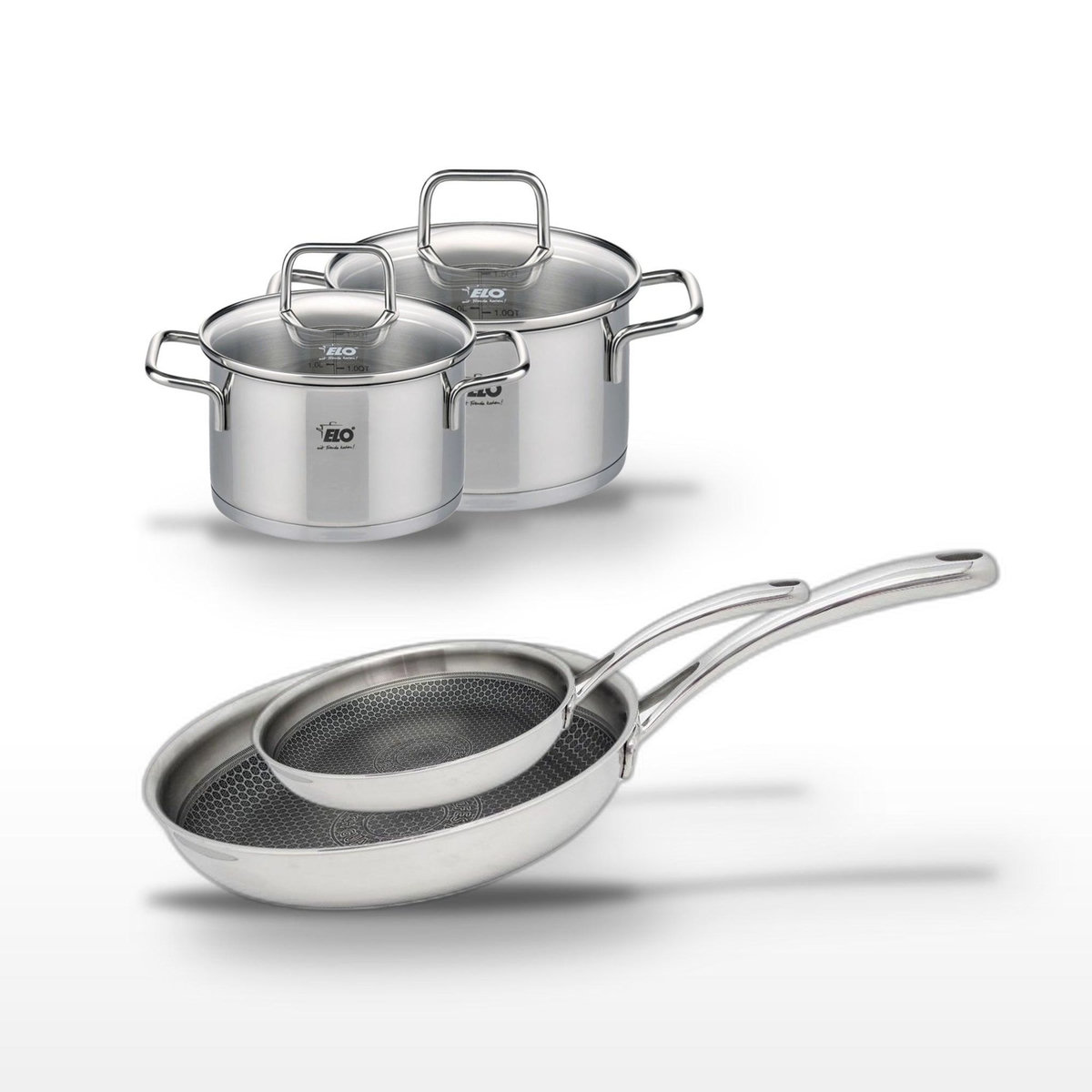 ELO Lot 2 Poêles 24/28cm Elo Relief Evolution et 2 Faitouts 14/16cm