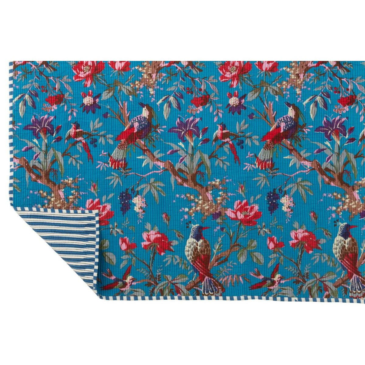 Paris Prix Plaid en Coton  Oiseaux Fleurs  130x180cm Bleu