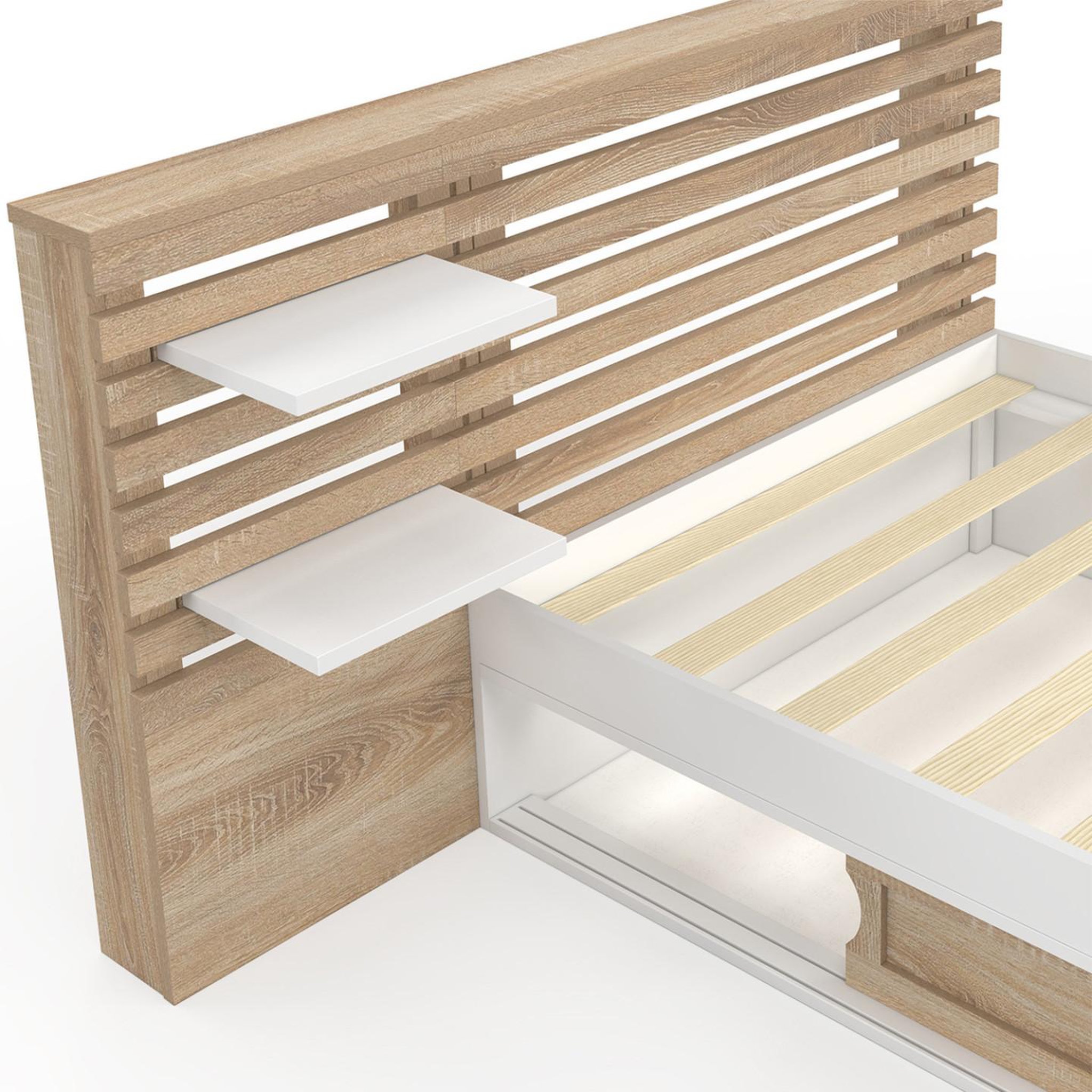 Voir la diapositive 6 : ID MARKET Lit simple savana avec tête de lit, chevets, rangements et sommier 90 x 190 cm façon hêtre et blanc