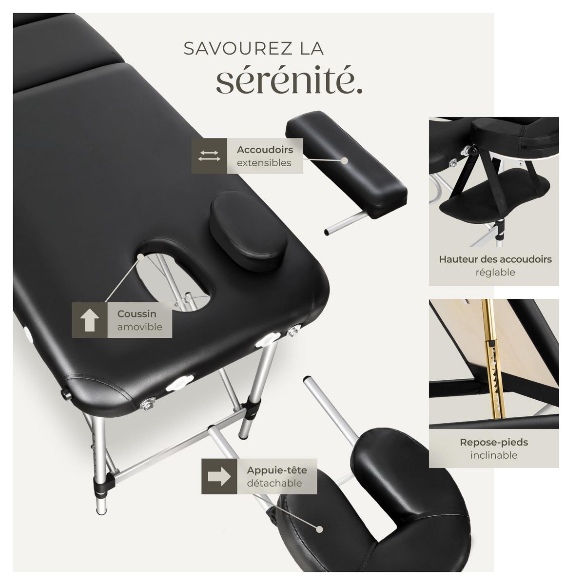 tectake Table de massage 3 zones largeur 61 cm et rembourrage 5 cm noir