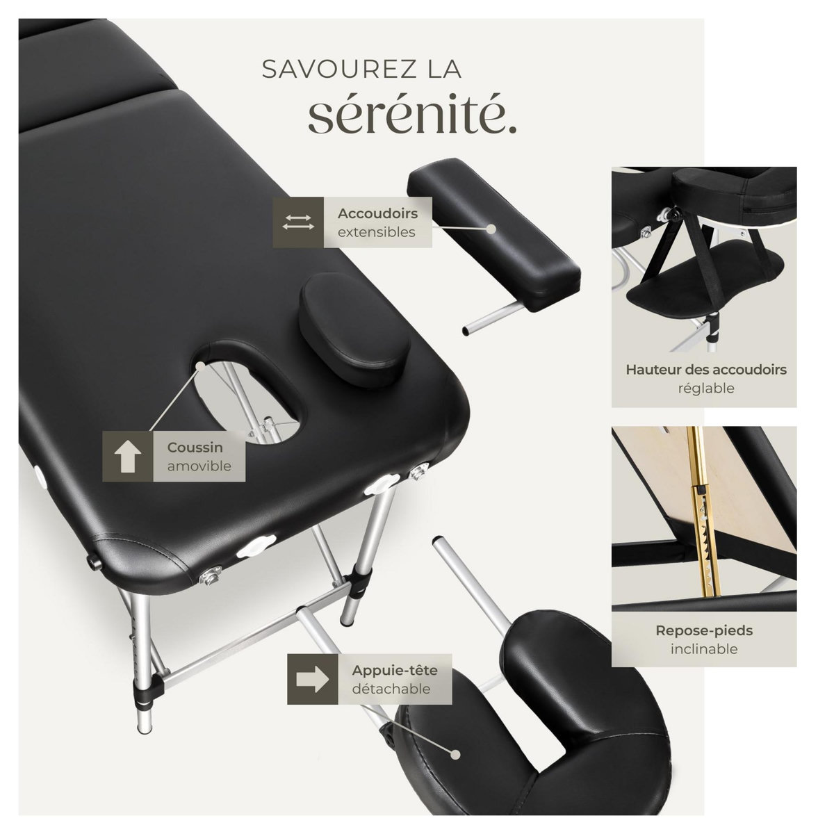 tectake Table de massage 3 zones largeur 61 cm et rembourrage 5 cm noir