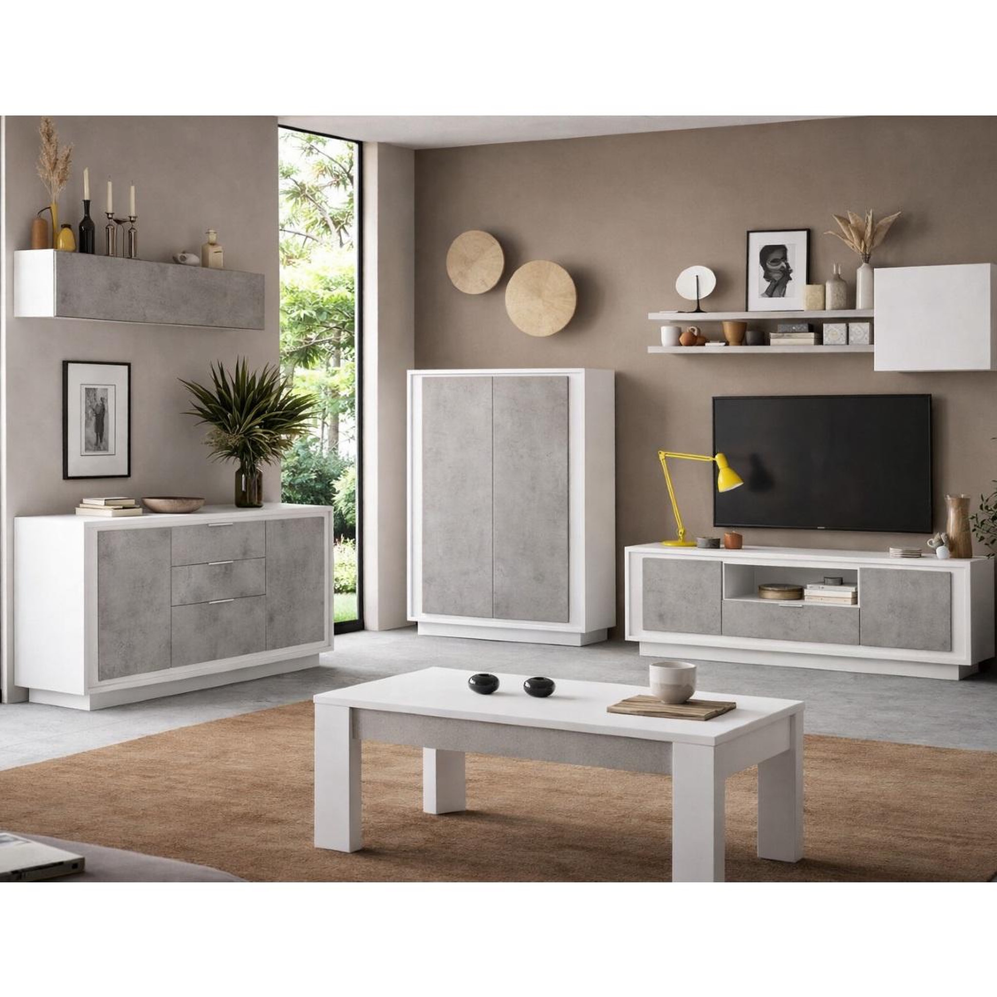 Voir la diapositive 5 : JLC KREATION Buffet bas blanc et gris béton 2 portes-3 tiroirs 180cm yori