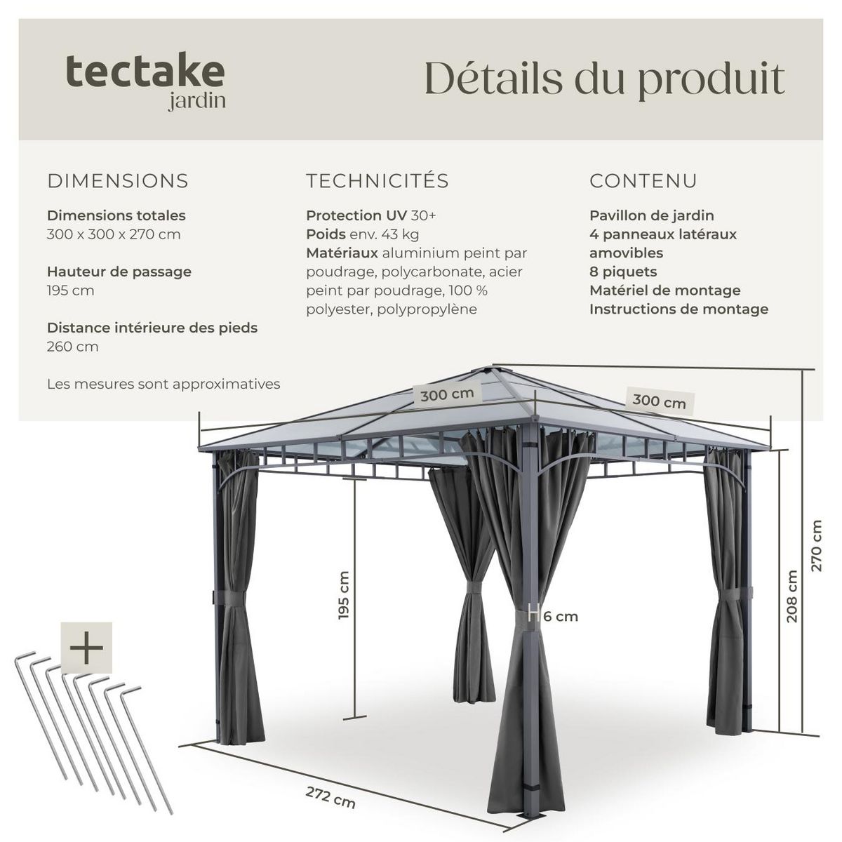 tectake Pavillon de jardin avec cadre en aluminium laqué époxy gris 3 x 3 m