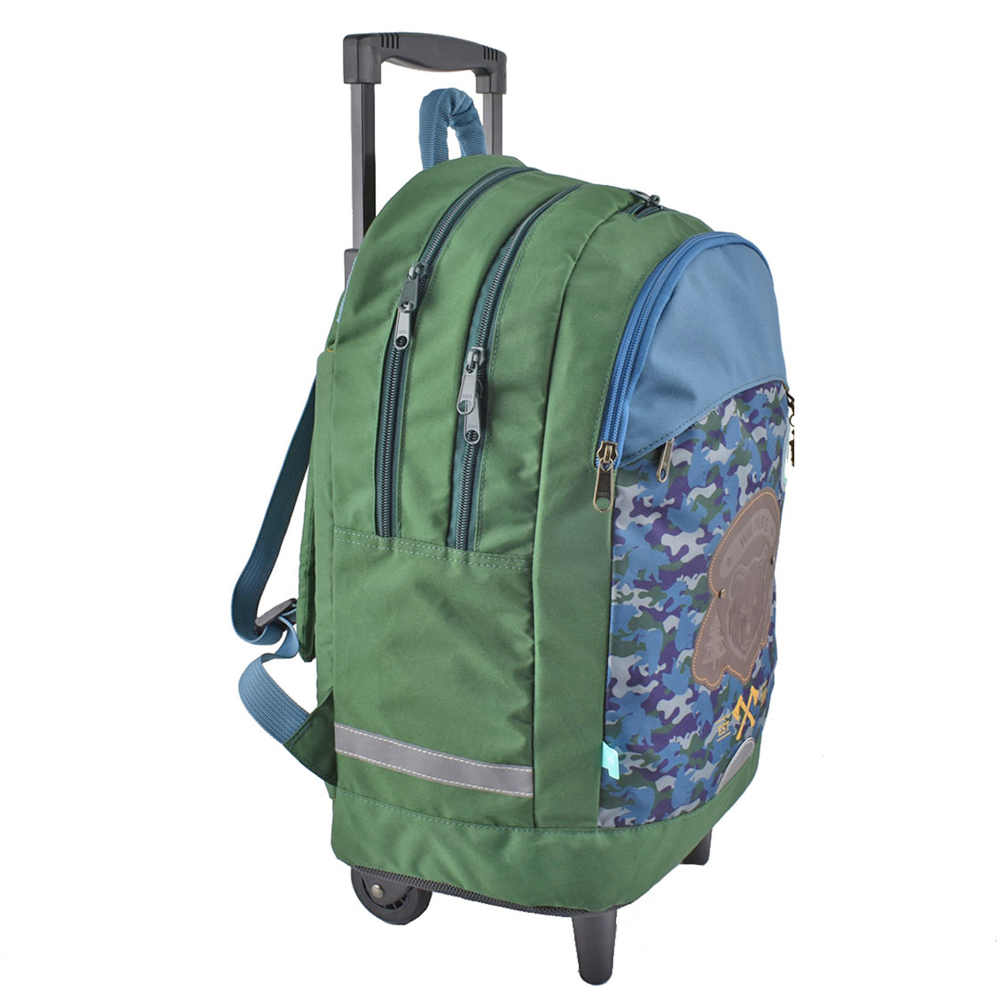 Voir la diapositive 7 : AUCHAN Sac à dos à roulettes kaki CAMP FIRE