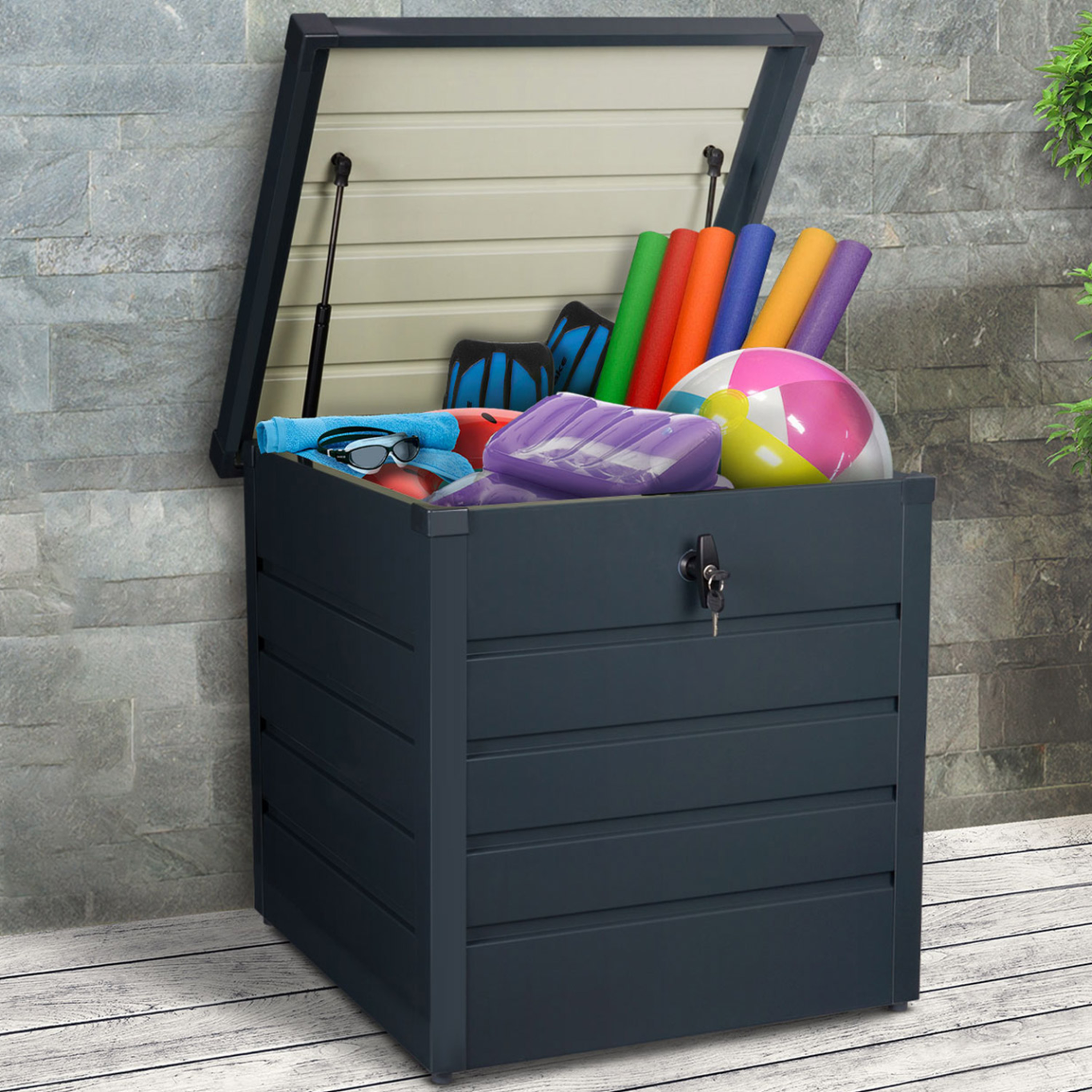 Voir la diapositive 4 : ID MARKET Coffre de rangement métal verrouillable gris anthracite pour jardin 200l 68x62,5x63 cm