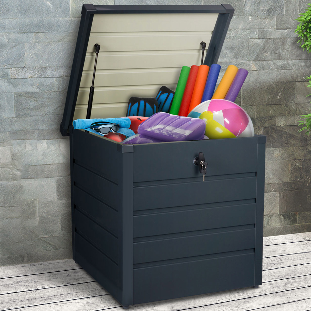 ID MARKET Coffre de rangement métal verrouillable gris anthracite pour jardin 200L 68x62,5x63 cm