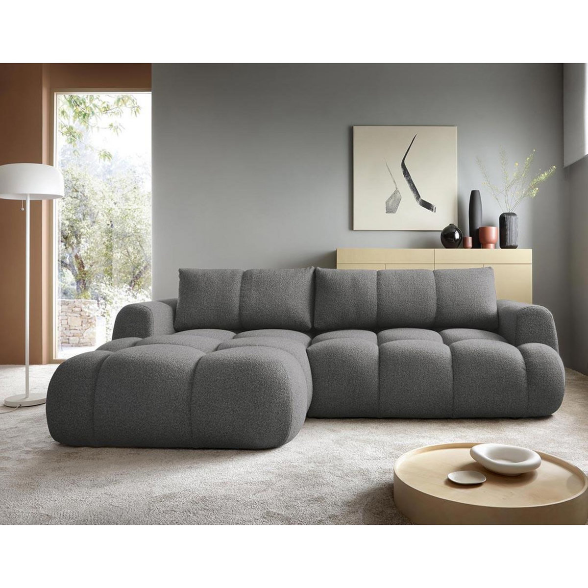 BEST MOBILIER Yulin - canapé d'angle gauche 4 places convertible avec coffre en tissu bouclette