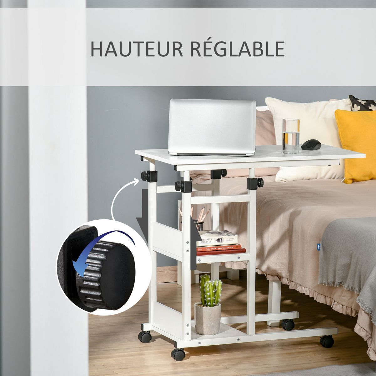 HOMCOM Table de lit/fauteuil - table roulante - hauteur réglable - 2 étagères intégrées - panneaux particules E1 aspect bois métal blanc
