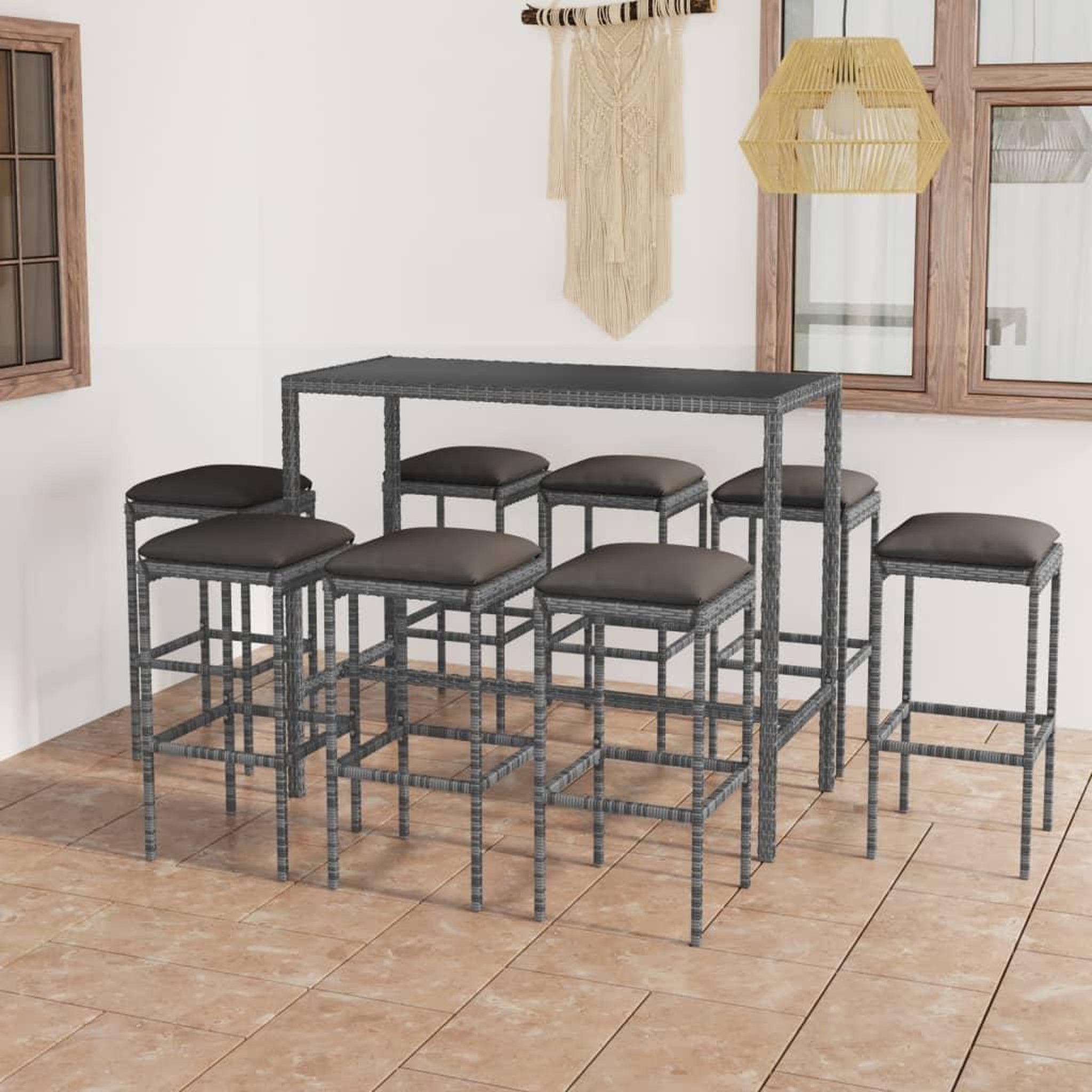 Voir la diapositive 1 : VIDAXL Ensemble de bar de jardin 9 pcs et coussins Resine tressee Gris