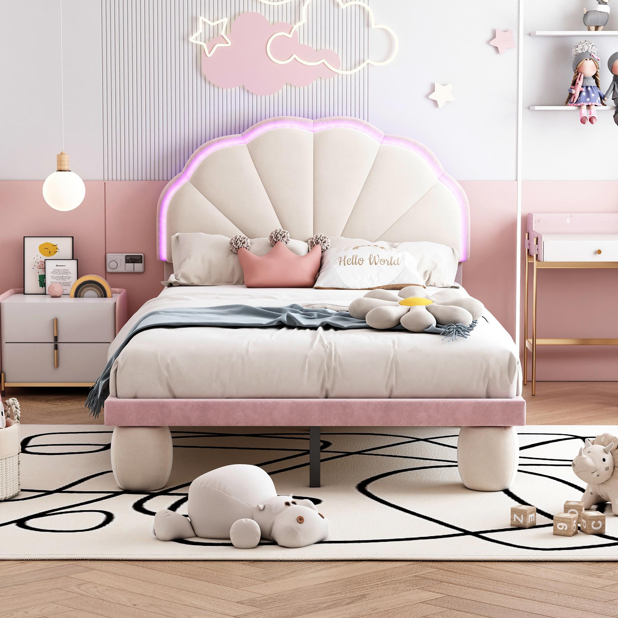 Voir la diapositive 2 : MERAX Lit simple enfant rembourré 90x200cm velours coloris beige+rose led