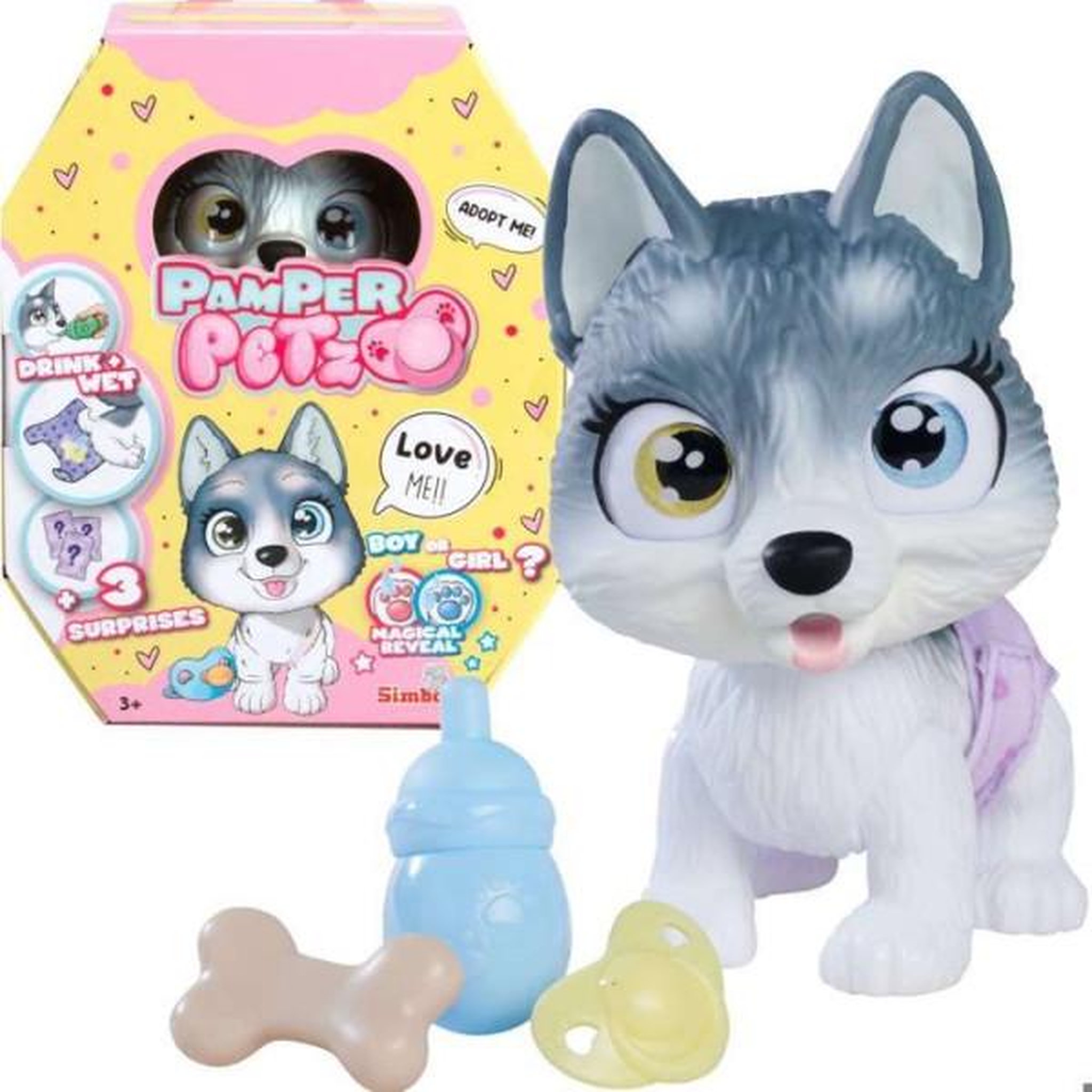 SILVERTORN Smoby - Pamper Petz - Husky a adopter - 4 accessoires - Articulé - Bois et fais pipi - Certificat d'adoption - Des 3 ans