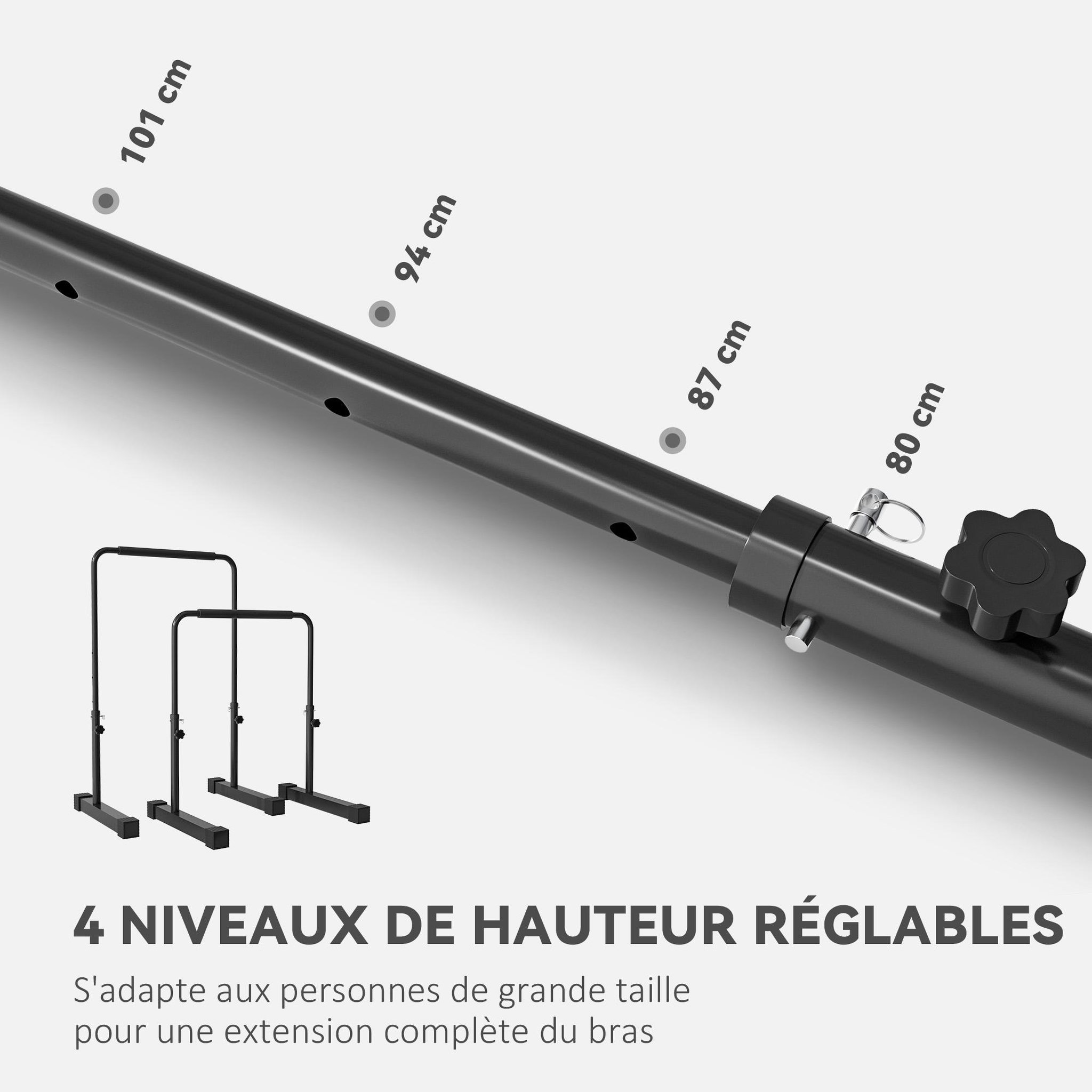 Voir la diapositive 4 : HOMCOM Station à dips - barres parallèles à dips - hauteur réglable h.80-100 cm - poignées antidérapantes - acier noir