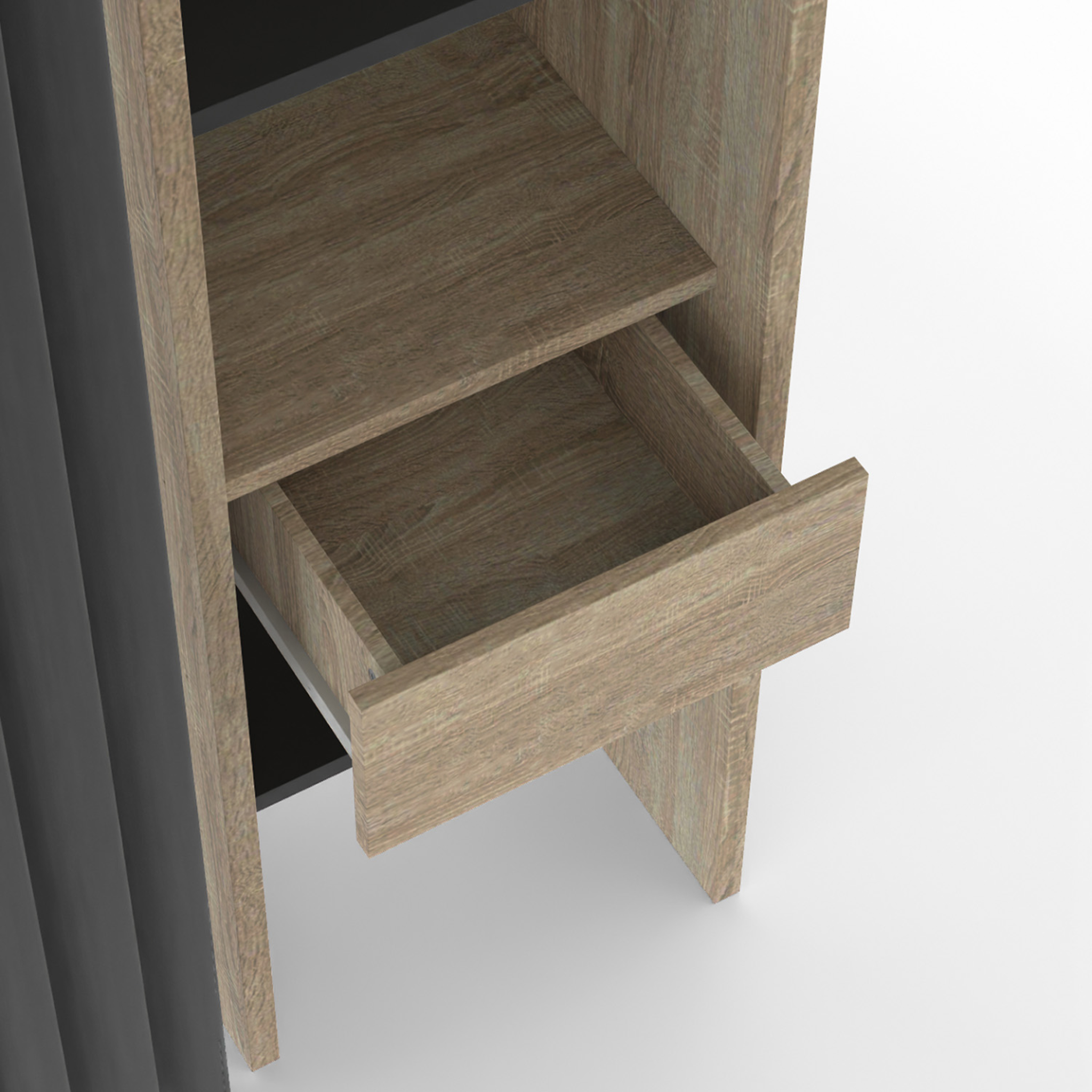 Voir la diapositive 5 : ID MARKET Dressing extensible double meryl 120/180 x 50 x 180 cm hêtre avec étagères hêtre + double penderie + rideau noir