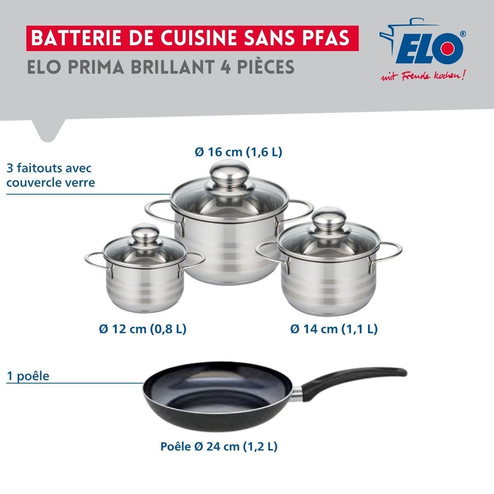 Voir la diapositive 2 : 666 Barcelona Ensemble de 1 Poêle de cuisson 24 cm et 3 faitouts 12, 14 et 16 cm Elo Prima Brillant