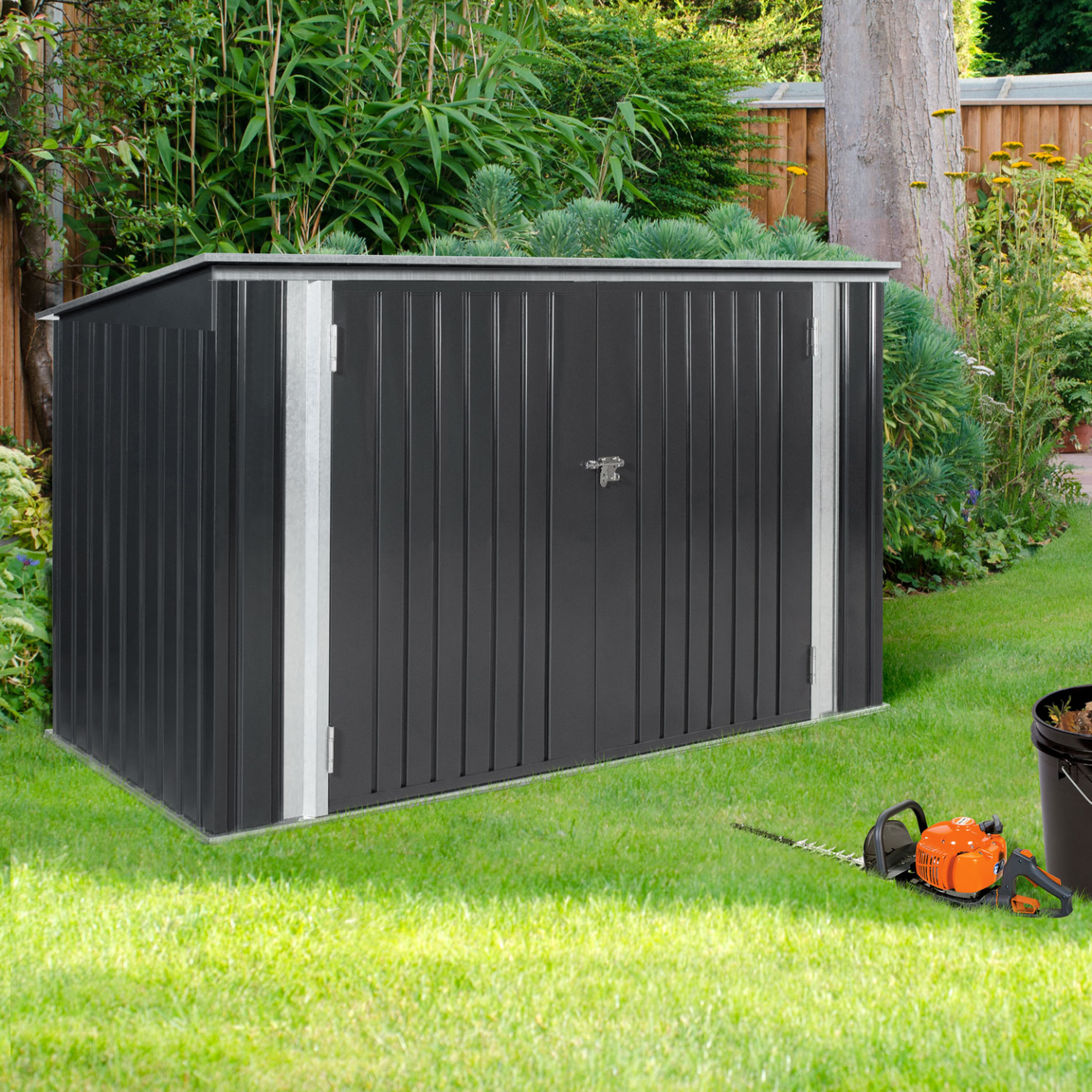 Voir la diapositive 4 : ID MARKET Abri de jardin en métal gris anthracite verrouillable multi-rangement pour stockage vélos, outils, poubelles