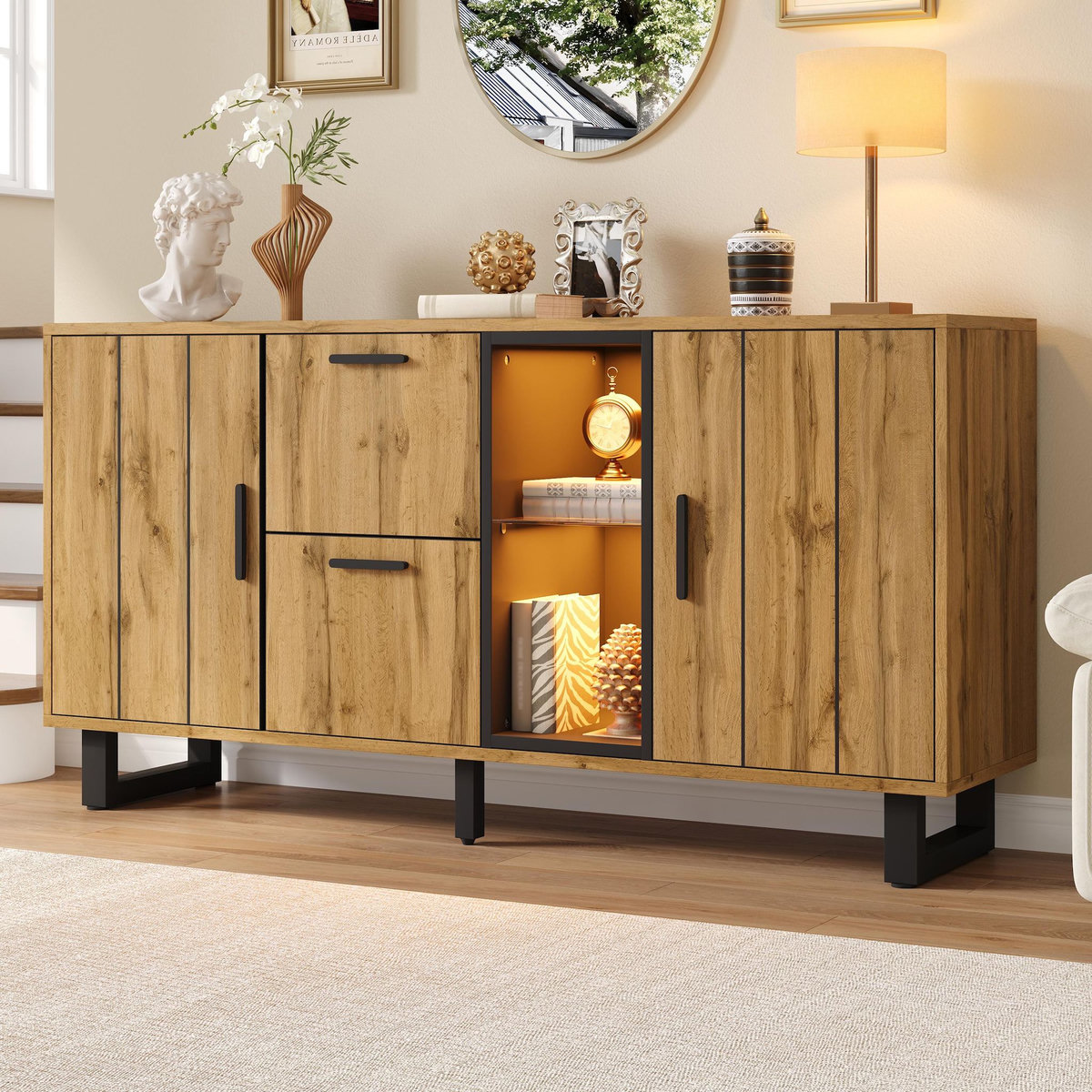 MERAX Buffet 2 porte(s) 2 tiroir(s) - 160 cm naturel led mdf