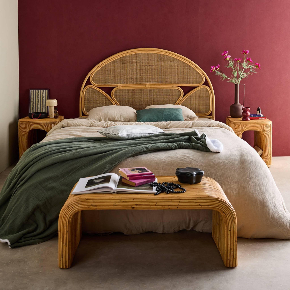 SWEEEK Tête de lit en rotin naturel et cannage, bois clair, bohème