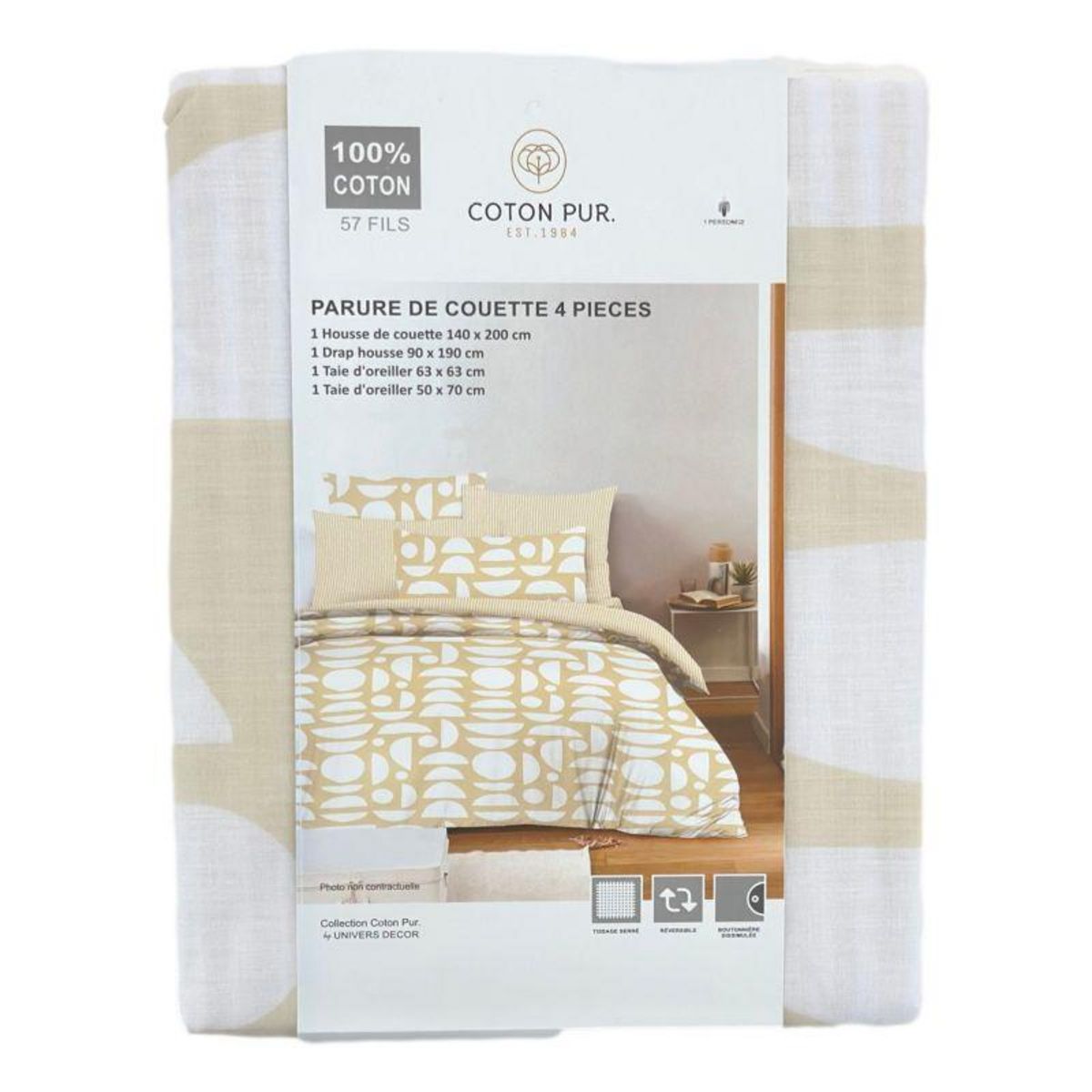 COTON PUR Pack complet housse de couette réversible pour lit 90 x 190 cm Mykonos naturel