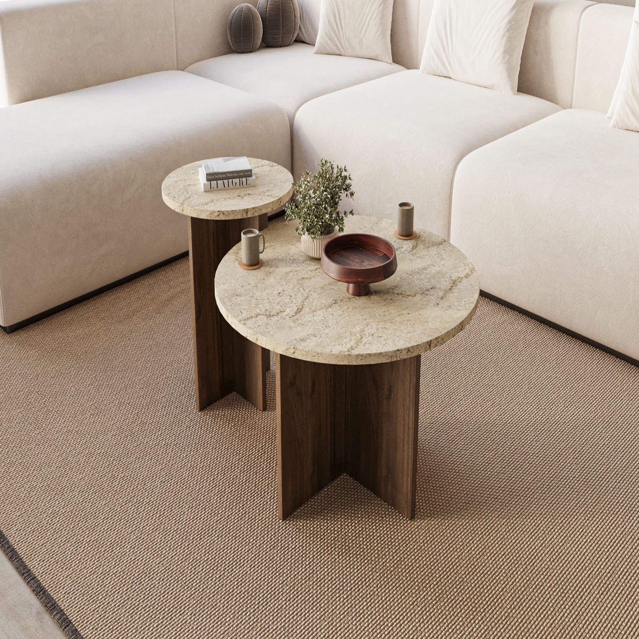 Voir la diapositive 2 : Habitat et Jardin Ensemble de table basse en bois  private  70 x 70 x 40 cm - travertin