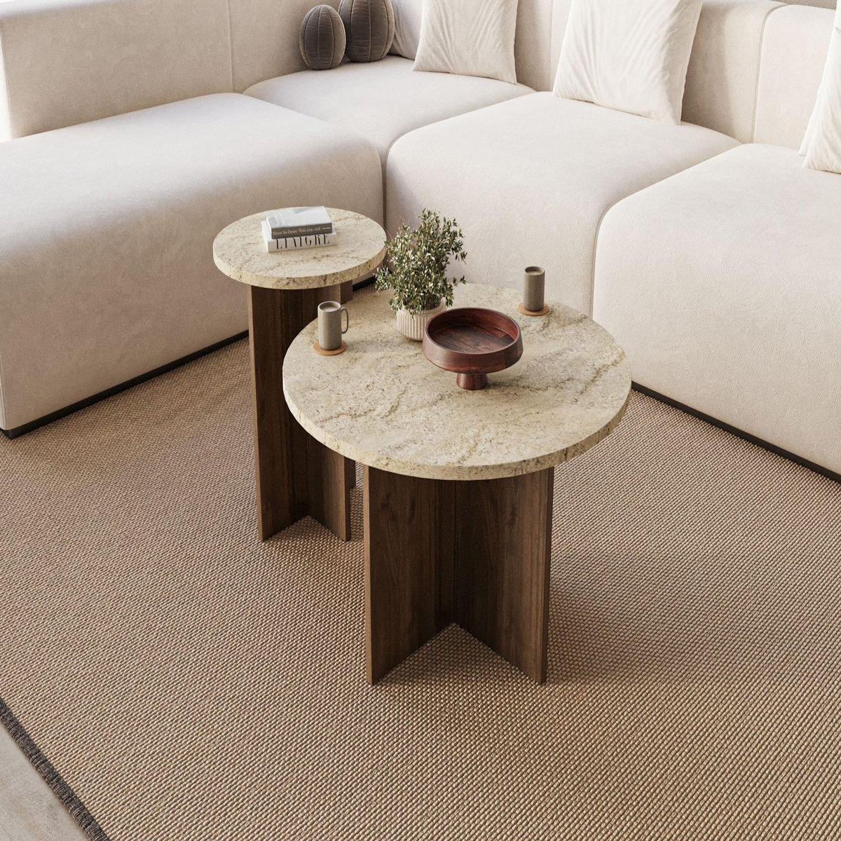 Habitat et Jardin Ensemble de table basse en bois  Private  70 x 70 x 40 cm - Travertin