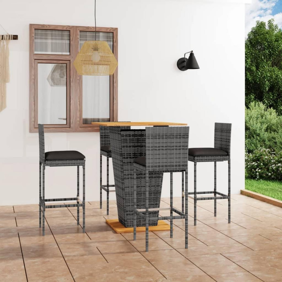 VIDAXL Ensemble de bar de jardin 5 pcs et coussins Resine tressee Gris